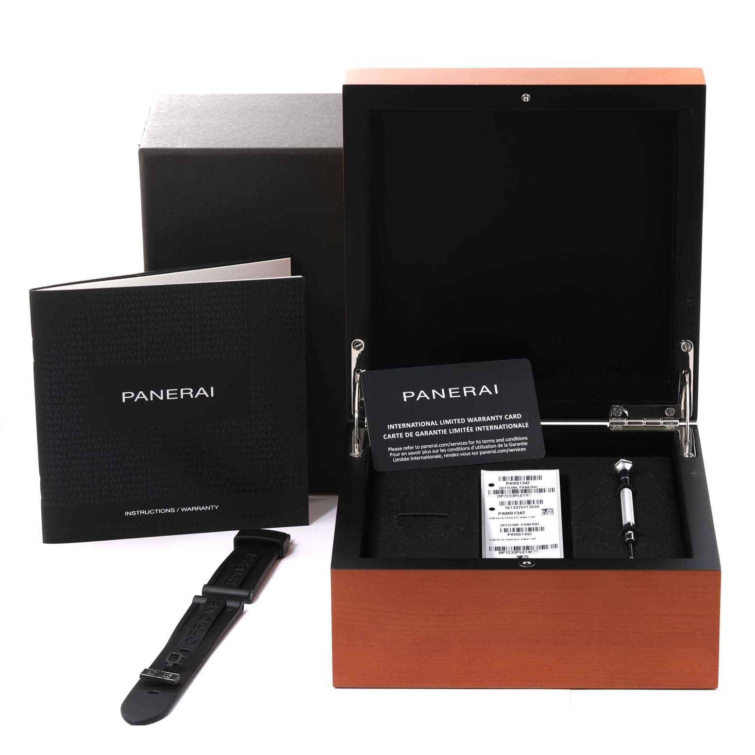 The image shows the packaging for a Panerai Luminor PAM01342 Men
s Stainless Steel White Dial PAM01342 Men
s Stainless Steel White Dial watch, including the box, warranty card, instruction manual, and a strap.