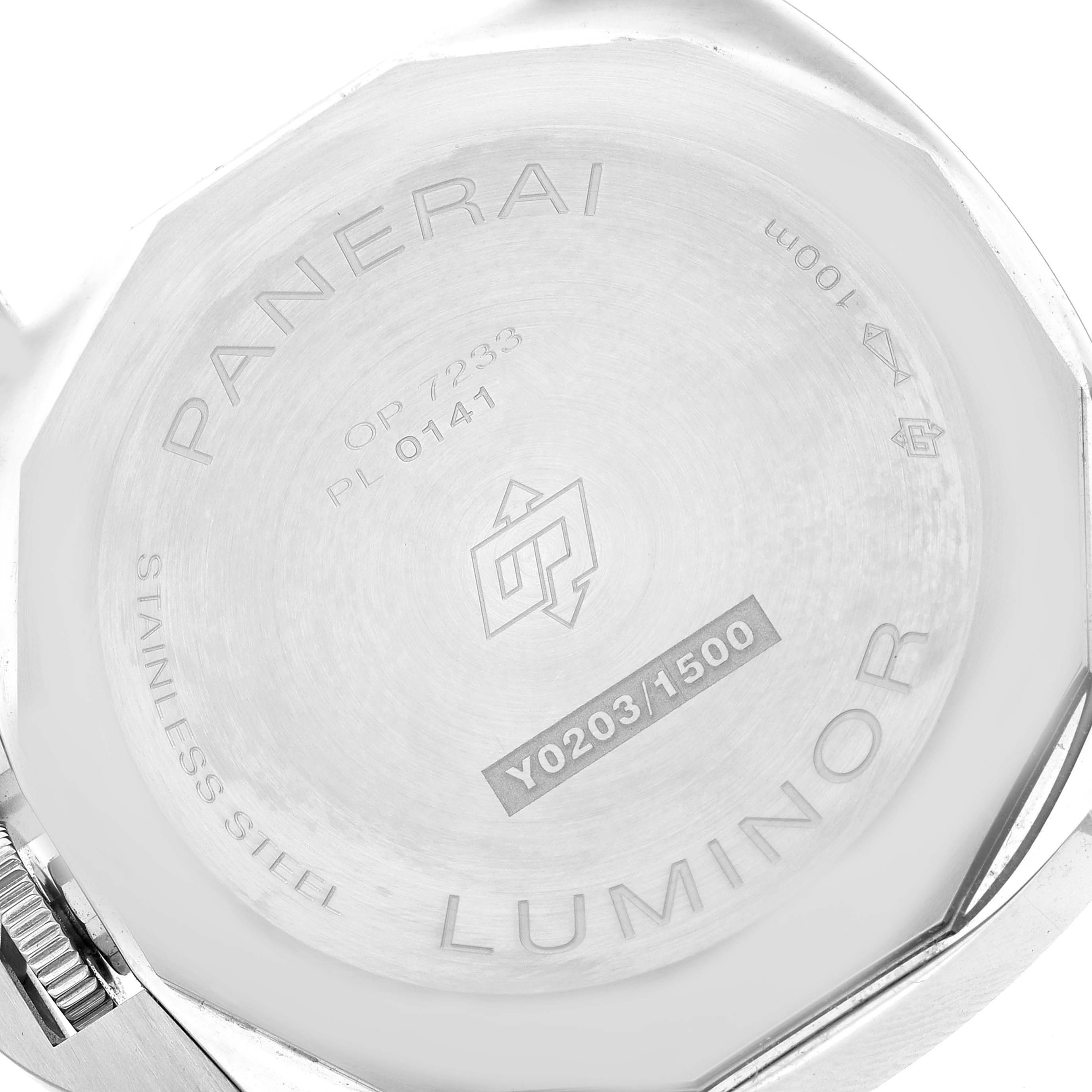 This image shows the case back of a Panerai Luminor PAM01342 Men
s Stainless Steel White Dial PAM01342 Men
s Stainless Steel White Dial watch.