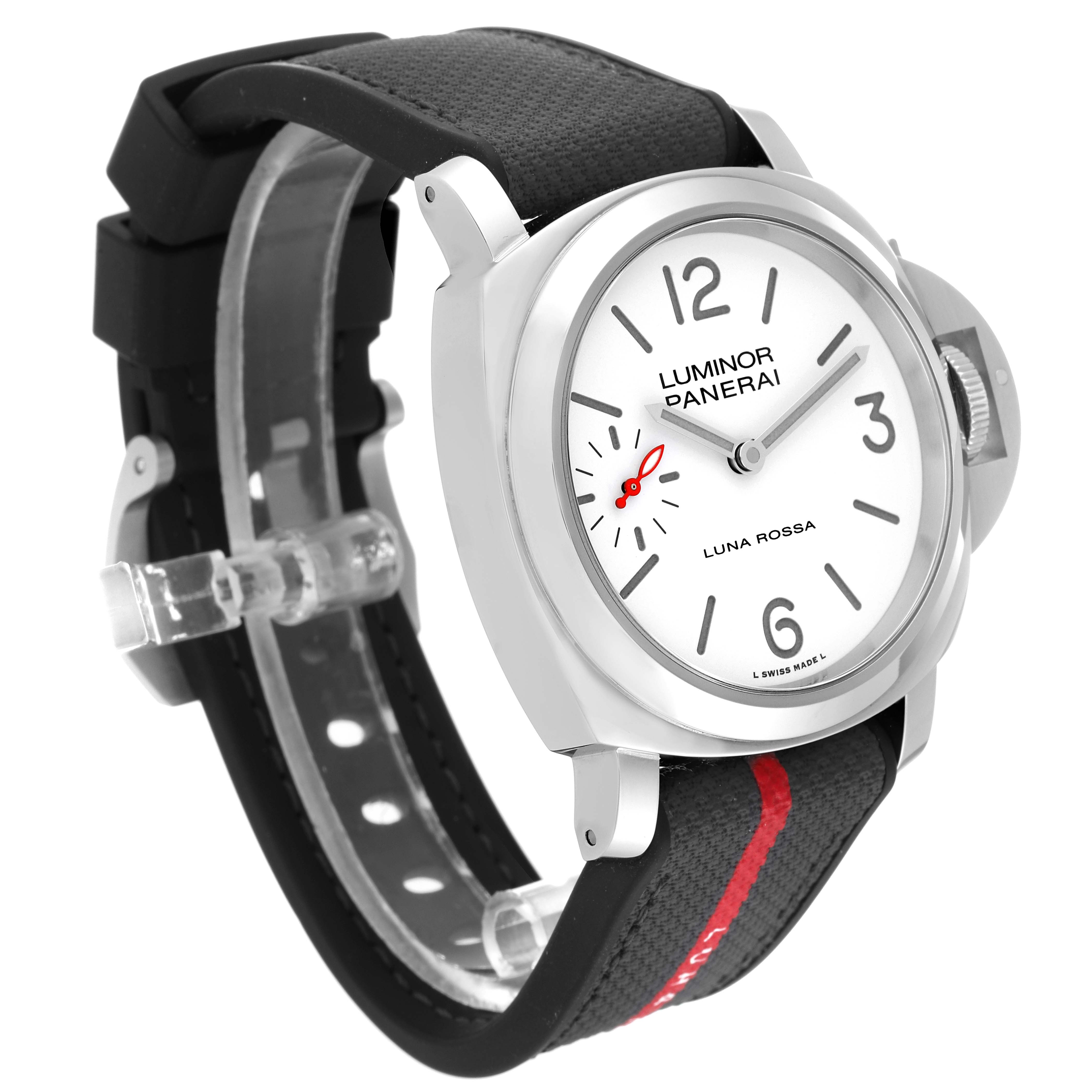 The image shows a front angled view of the Panerai Luminor PAM01342 Men
s Stainless Steel White Dial PAM01342 Men
s Stainless Steel White Dial watch, highlighting the face, strap, and crown.