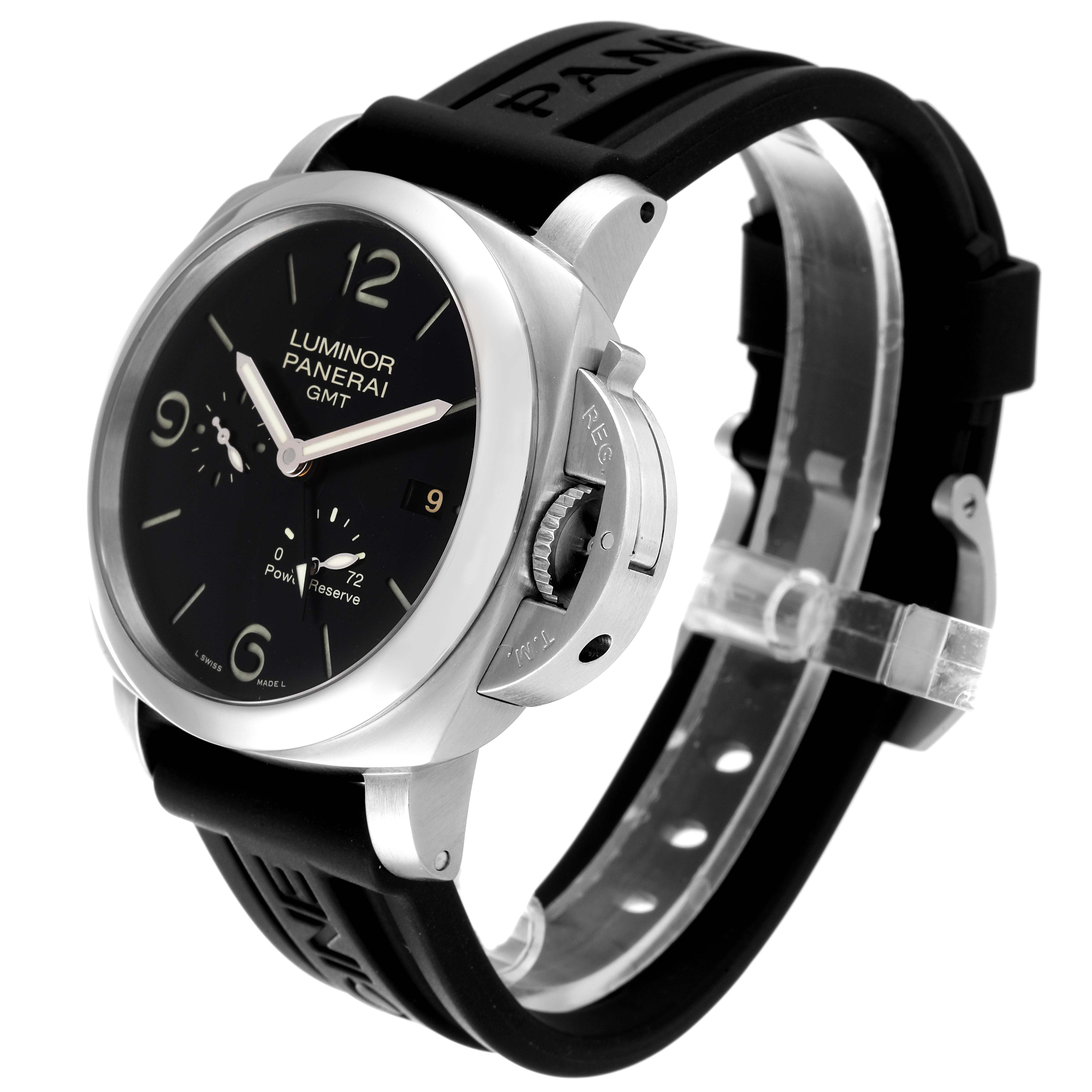 This image shows a front angle view of a Panerai Luminor PAM00321 Men's Stainless Steel Black Dial PAM00321 Men's Stainless Steel Black Dial watch, highlighting the face, crown guard, and strap.