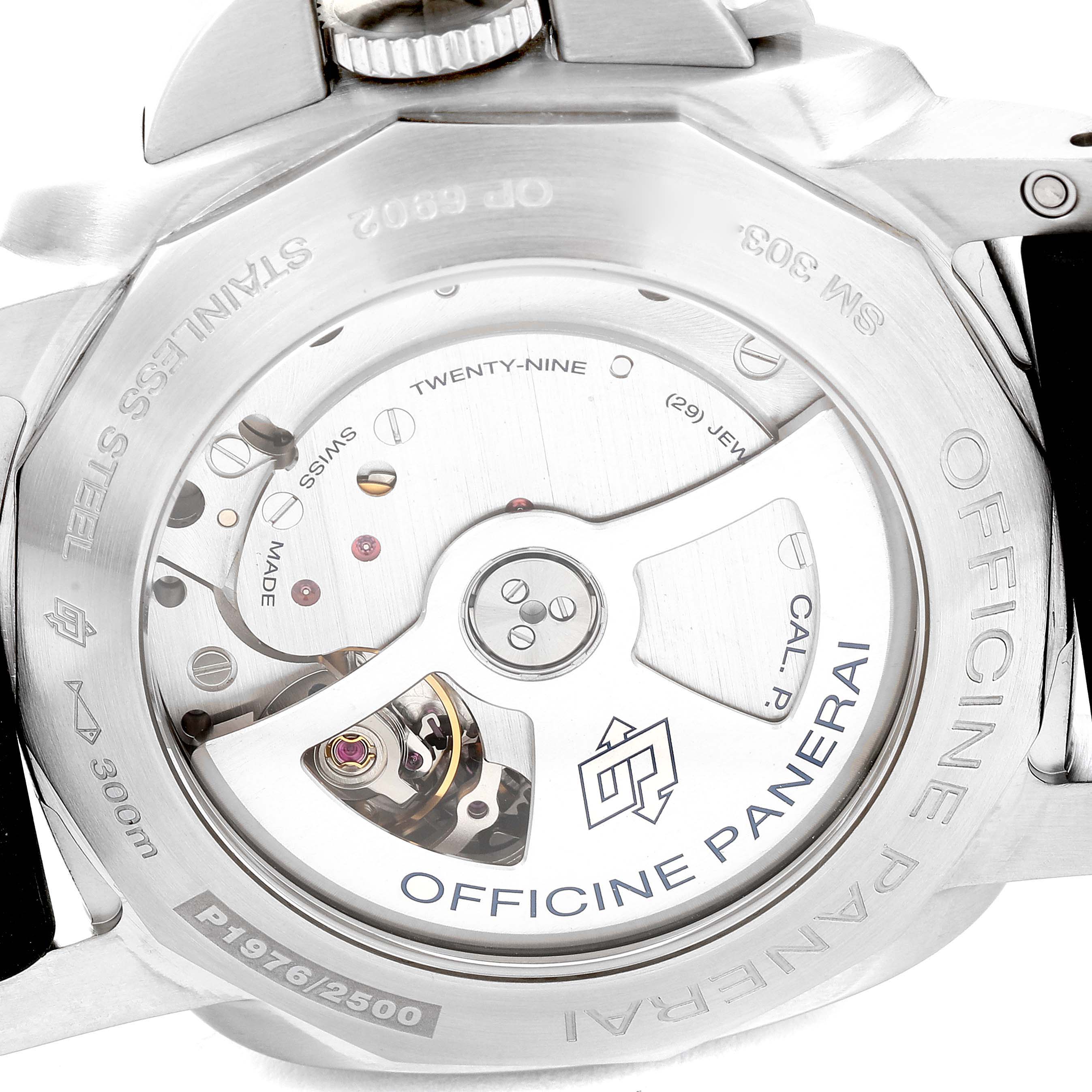 The image shows the rear view of a Panerai Luminor PAM00321 Men's Stainless Steel Black Dial PAM00321 Men's Stainless Steel Black Dial watch, displaying its inner mechanical components and inscriptions.