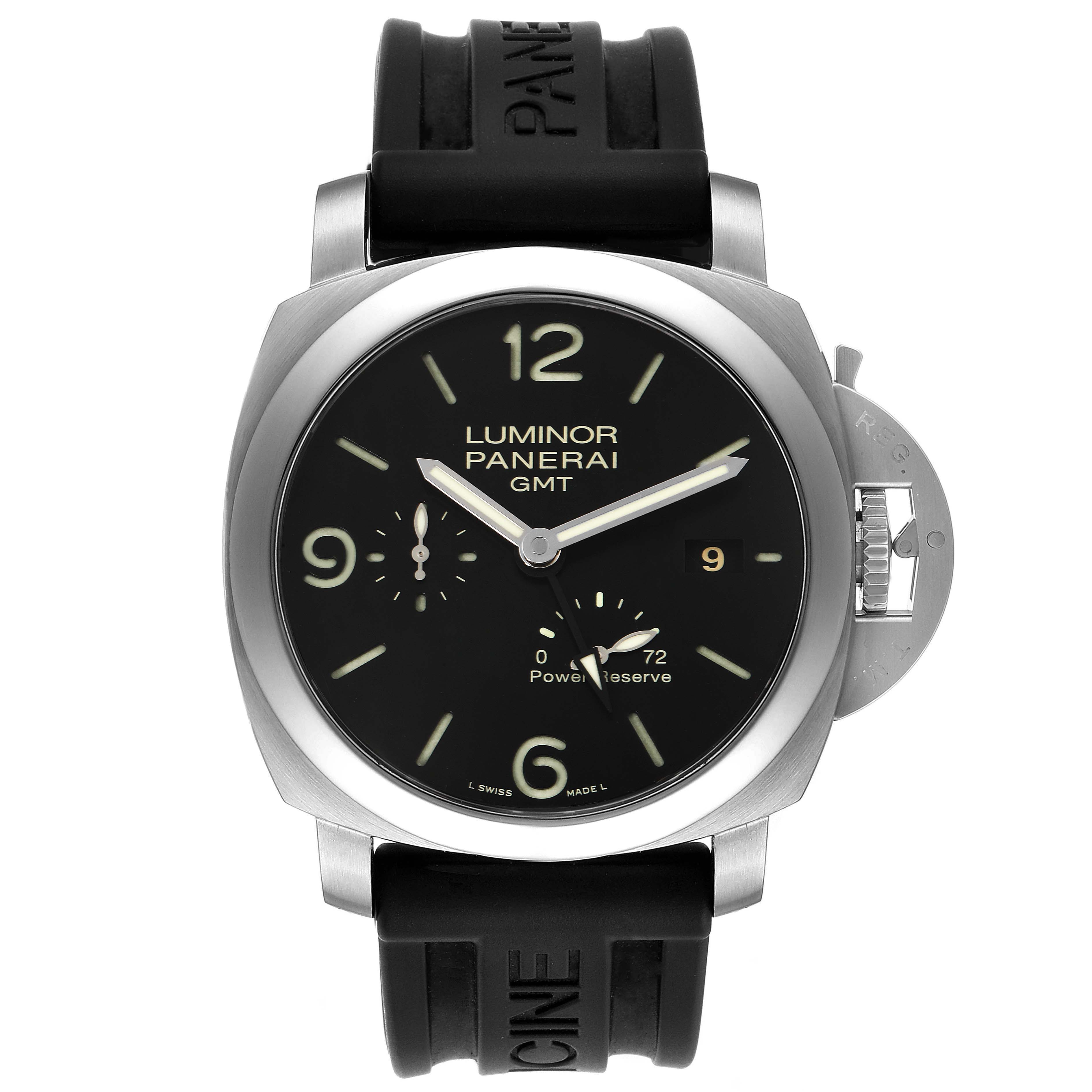 The Panerai Luminor PAM00321 Men's Stainless Steel Black Dial PAM00321 Men's Stainless Steel Black Dial watch is shown from the front, displaying its black dial, numerals, and rubber strap.