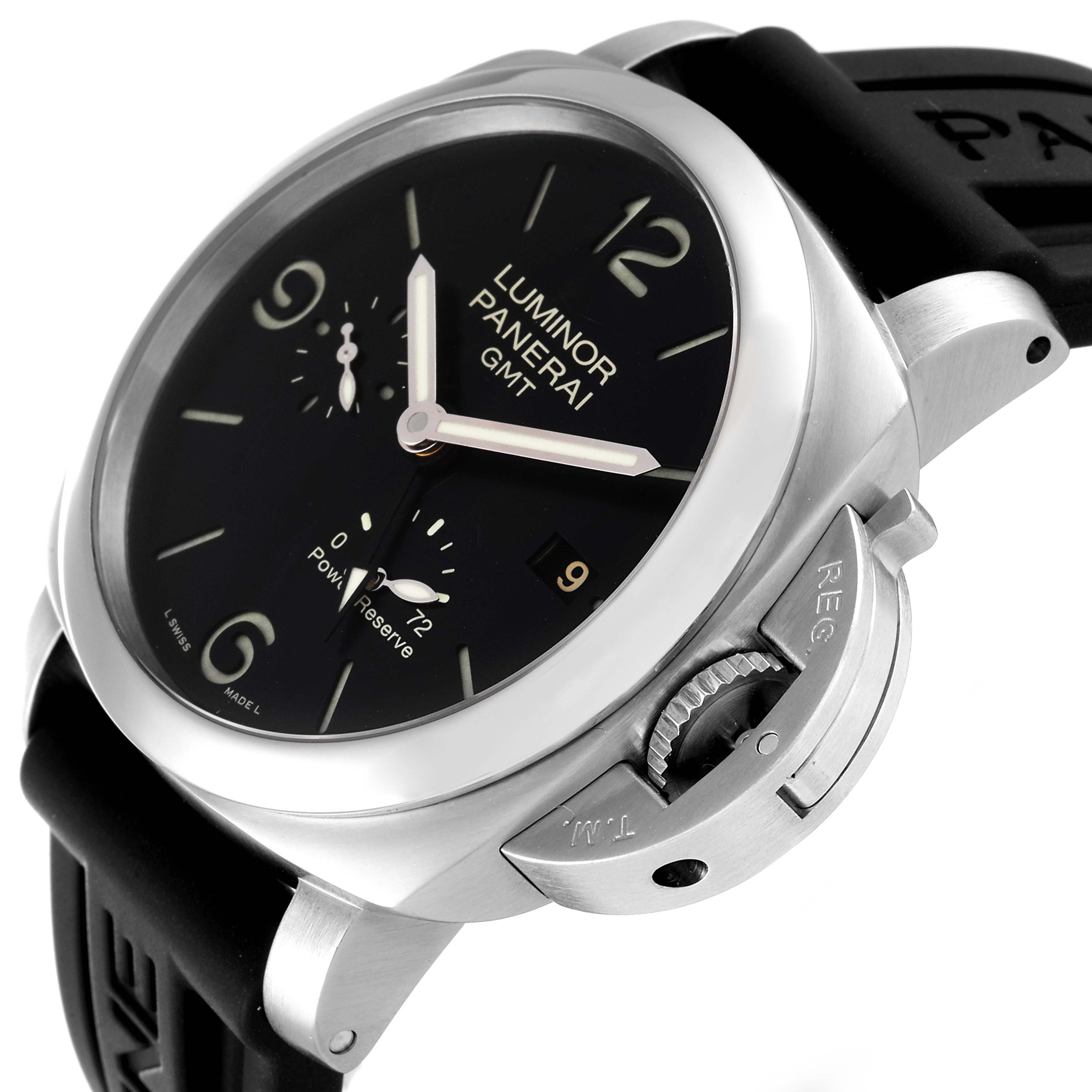 The image shows a close-up angled view of a Panerai Luminor PAM00321 Men's Stainless Steel Black Dial PAM00321 Men's Stainless Steel Black Dial GMT watch, highlighting the dial, hands, and crown guard.
