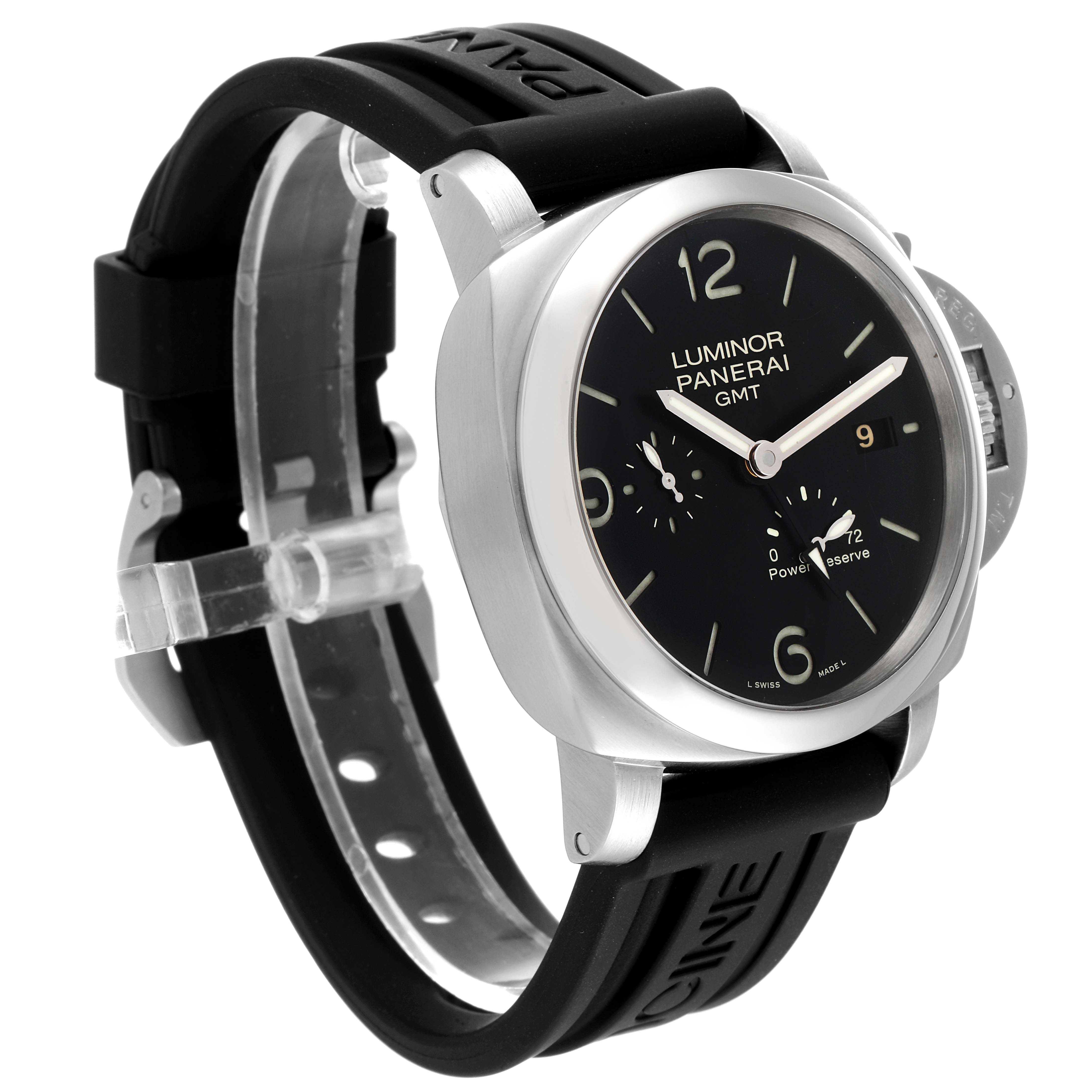 The image shows a Panerai Luminor PAM00321 Men's Stainless Steel Black Dial PAM00321 Men's Stainless Steel Black Dial GMT watch at a three-quarter angle, highlighting its face, bezel, and rubber strap.