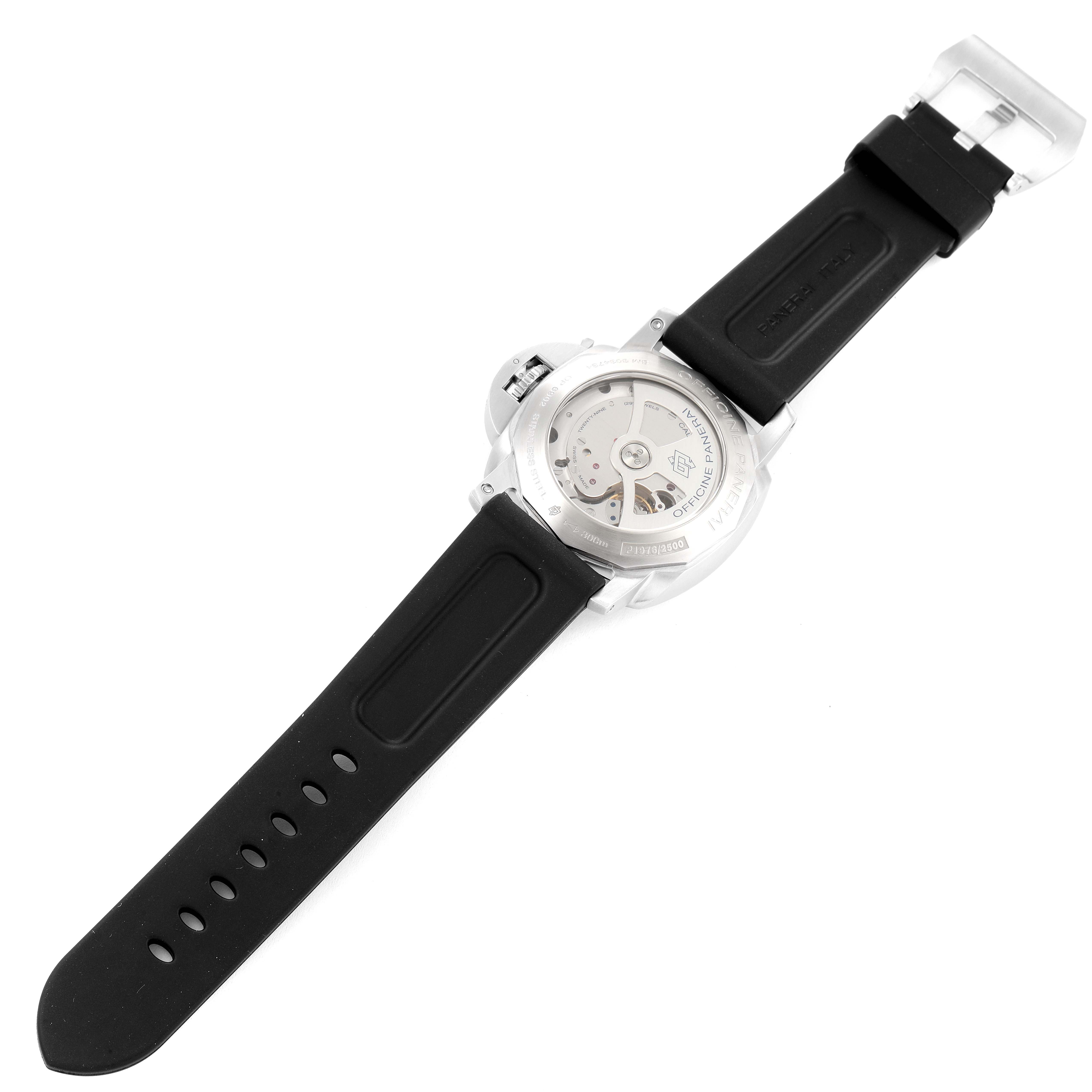 The image shows the back view of a Panerai Luminor PAM00321 Men's Stainless Steel Black Dial PAM00321 Men's Stainless Steel Black Dial watch featuring its movement mechanism and black strap.