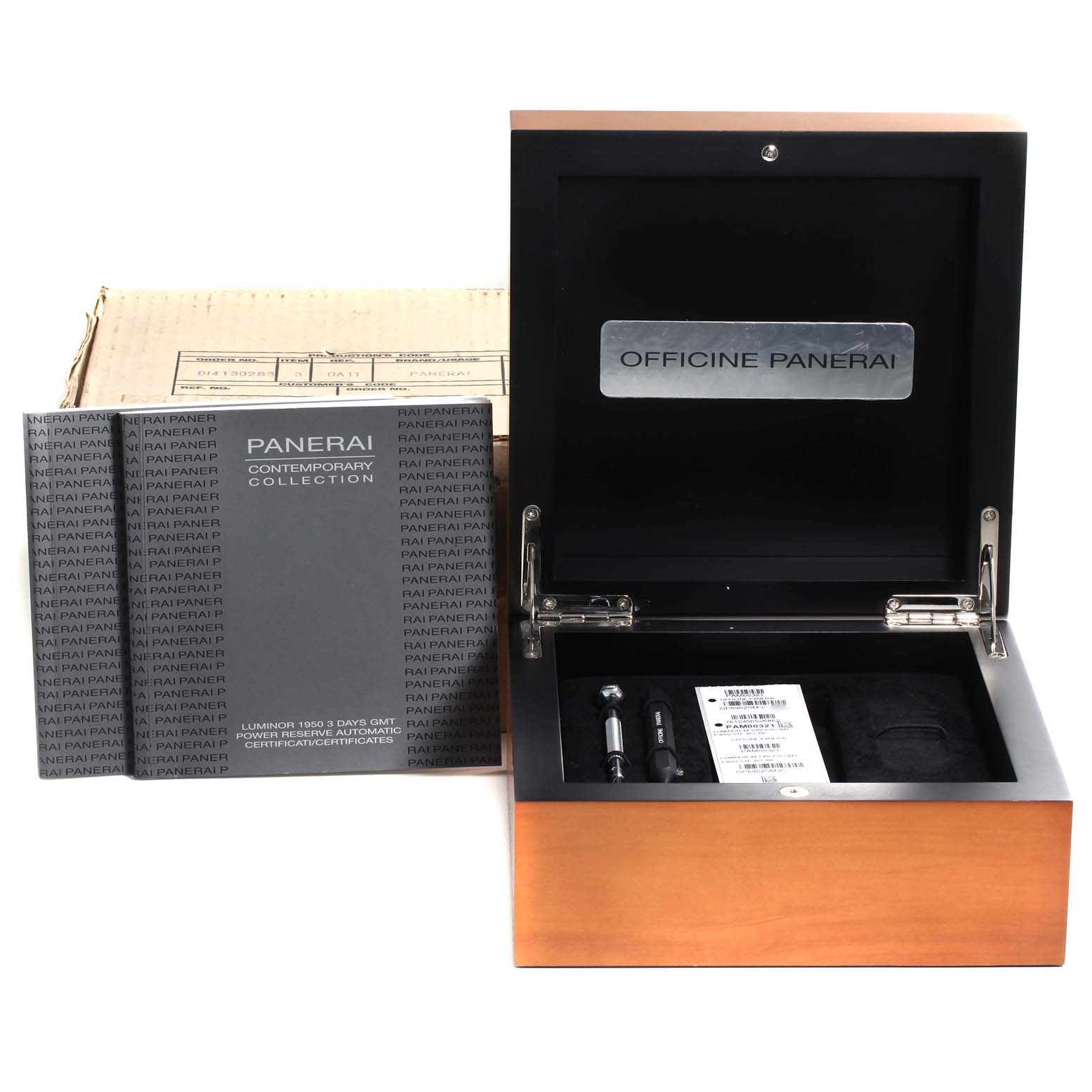 The image shows the open wooden box and documentation for a Panerai Luminor PAM00321 Men's Stainless Steel Black Dial PAM00321 Men's Stainless Steel Black Dial watch.