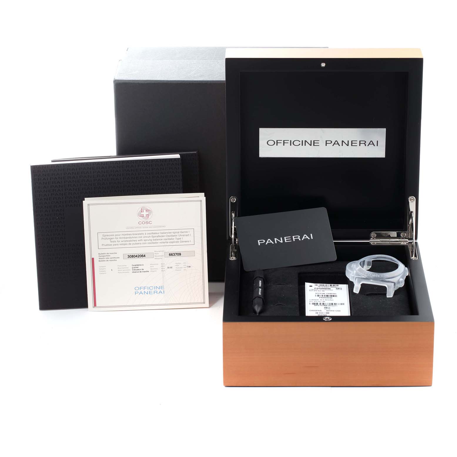 This image shows the packaging and accessories of a Panerai Luminor PAM00090 Men
s Stainless Steel Black Dial PAM00090 Men
s Stainless Steel Black Dial watch, including a box, certificates, and tools.