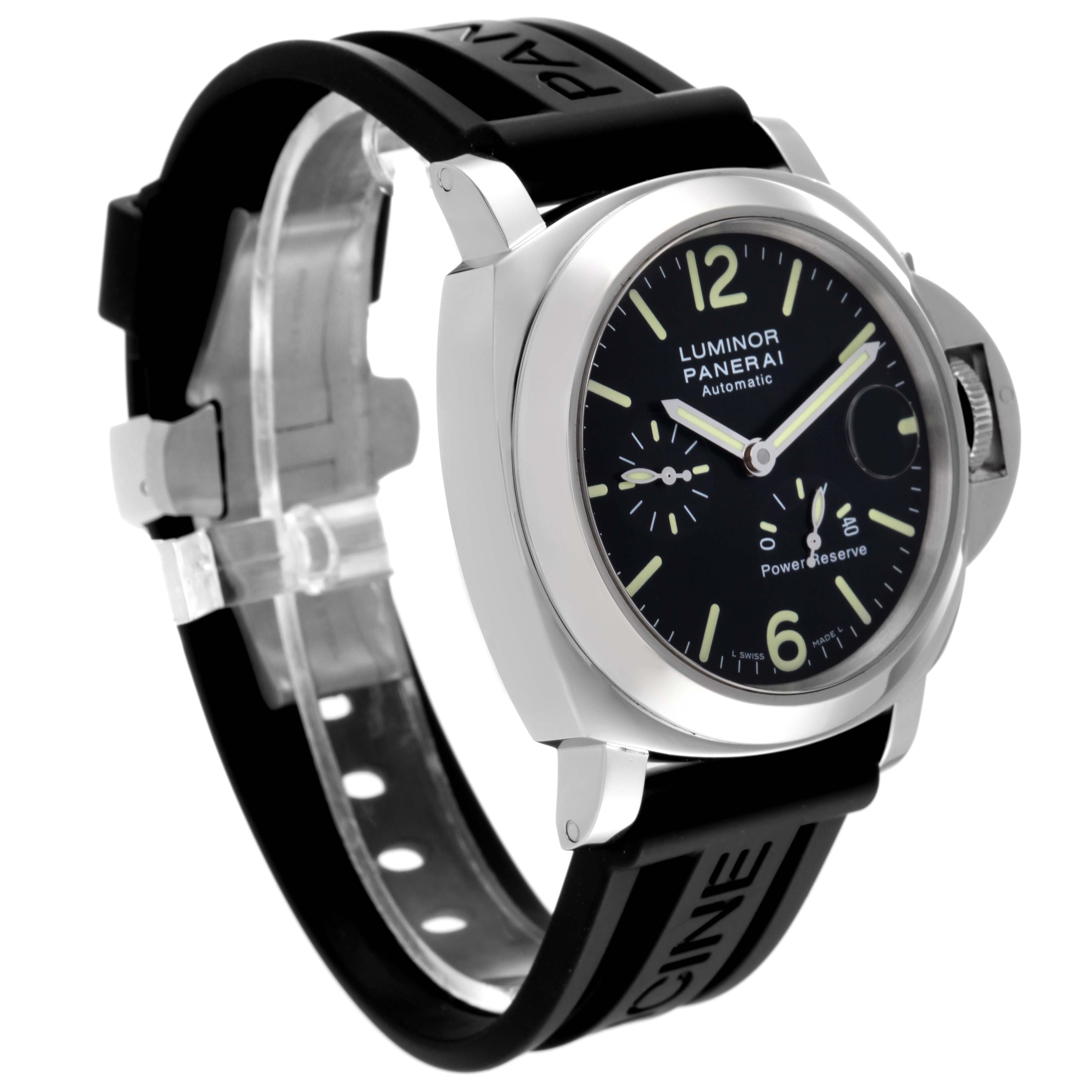 The image shows a Panerai Luminor PAM00090 Men
s Stainless Steel Black Dial PAM00090 Men
s Stainless Steel Black Dial model watch at an angled view, highlighting the dial, bezel, crown guard, and strap.