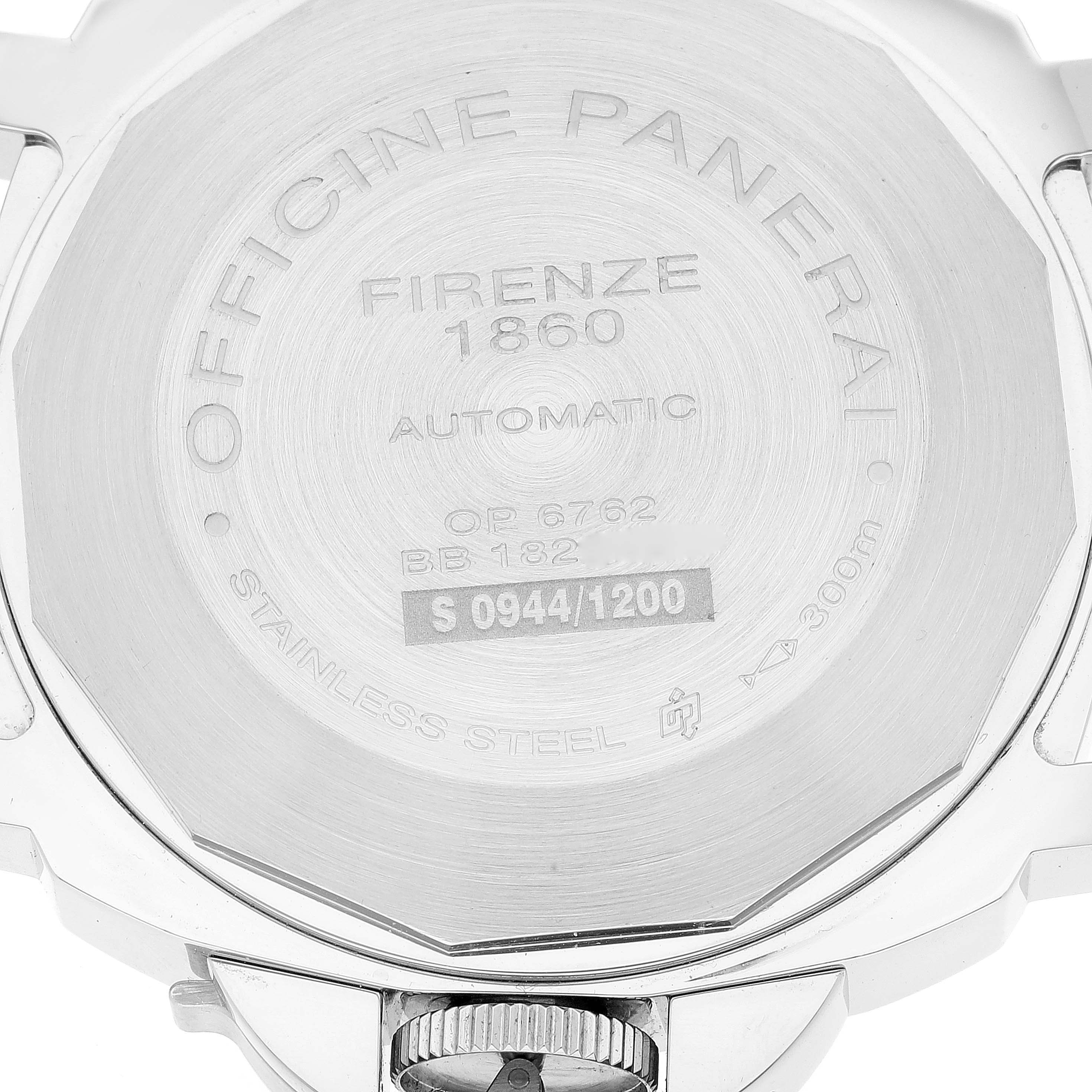 The image shows the back case of a Panerai Luminor PAM00090 Men
s Stainless Steel Black Dial PAM00090 Men
s Stainless Steel Black Dial watch with engravings detailing the model and specifications.