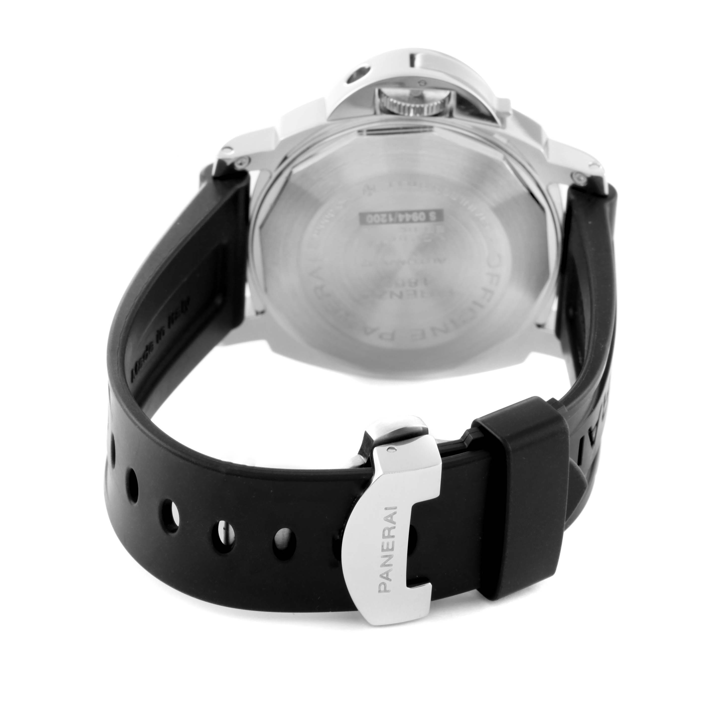 The image shows the back view of a Panerai Luminor PAM00090 Men
s Stainless Steel Black Dial PAM00090 Men
s Stainless Steel Black Dial watch, highlighting its case-back and black rubber strap with a Panerai buckle.