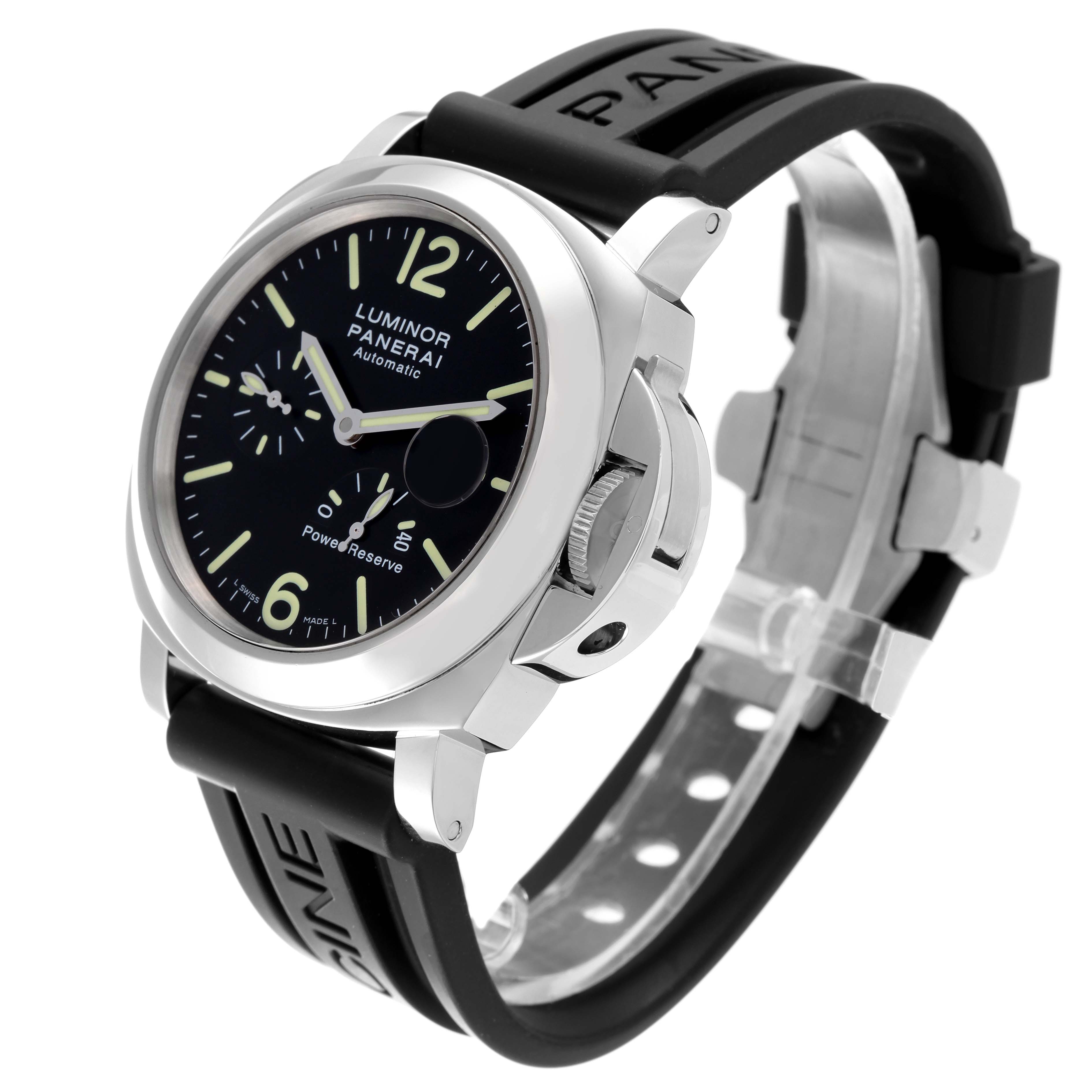 This image shows a close-up side angle of a Panerai Luminor PAM00090 Men
s Stainless Steel Black Dial PAM00090 Men
s Stainless Steel Black Dial watch, highlighting its black dial, rubber strap, and crown guard.