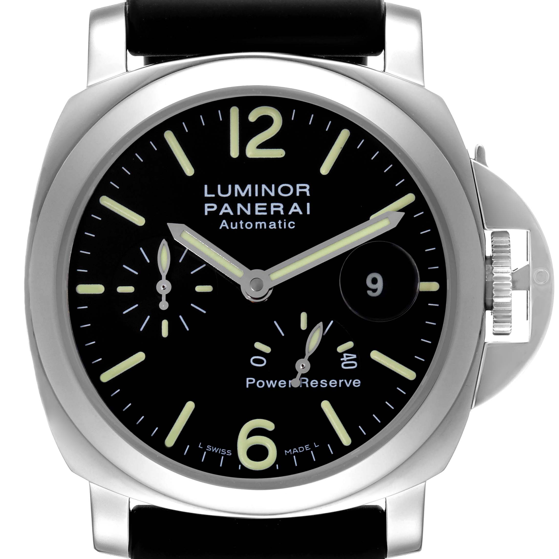 The image shows a front view of a Panerai Luminor PAM00090 Men
s Stainless Steel Black Dial PAM00090 Men
s Stainless Steel Black Dial watch, displaying its dial, hands, crown, and power reserve indicator.