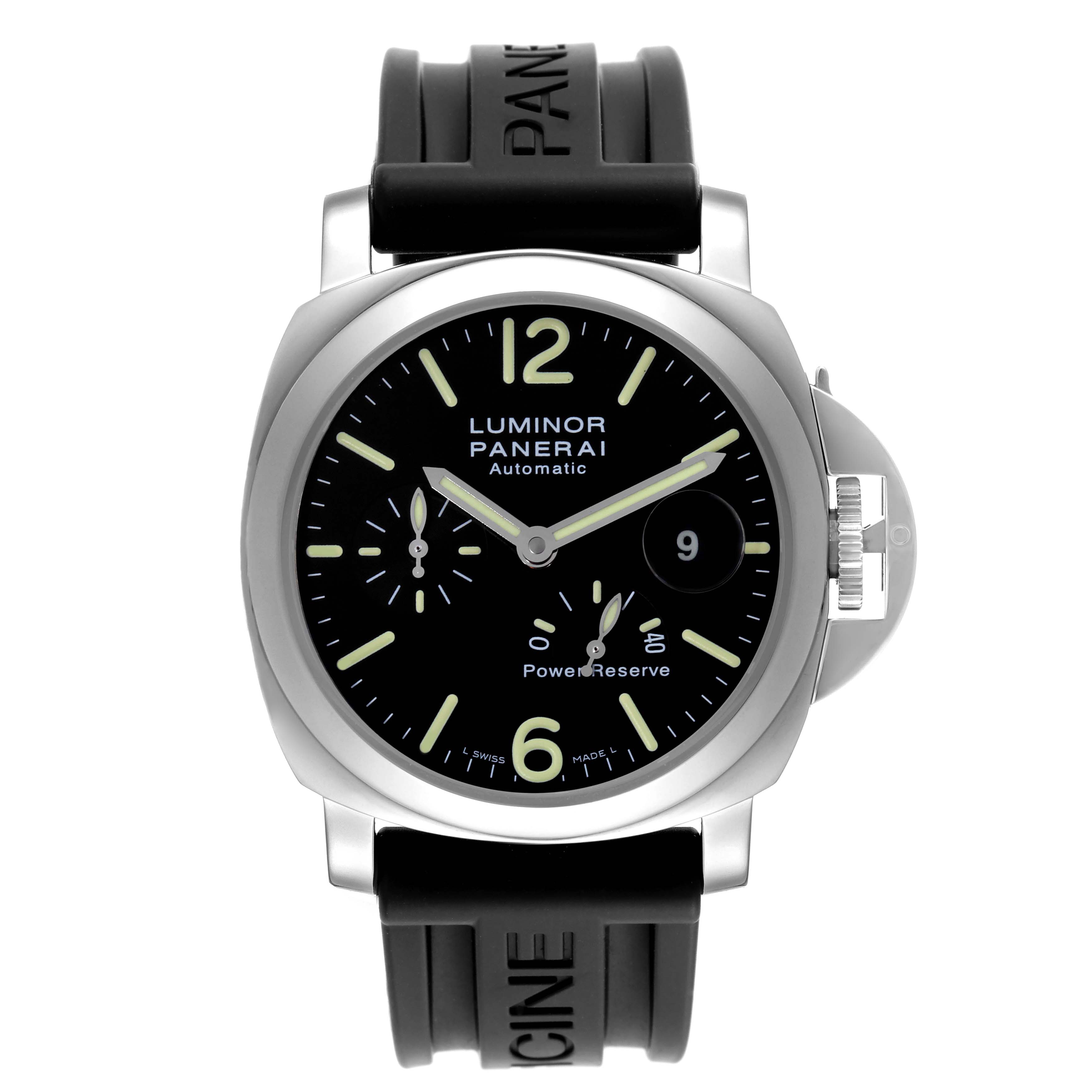 This Panerai Luminor PAM00090 Men
s Stainless Steel Black Dial PAM00090 Men
s Stainless Steel Black Dial model watch is shown from the front, displaying the dial, case, strap, and crown guard.