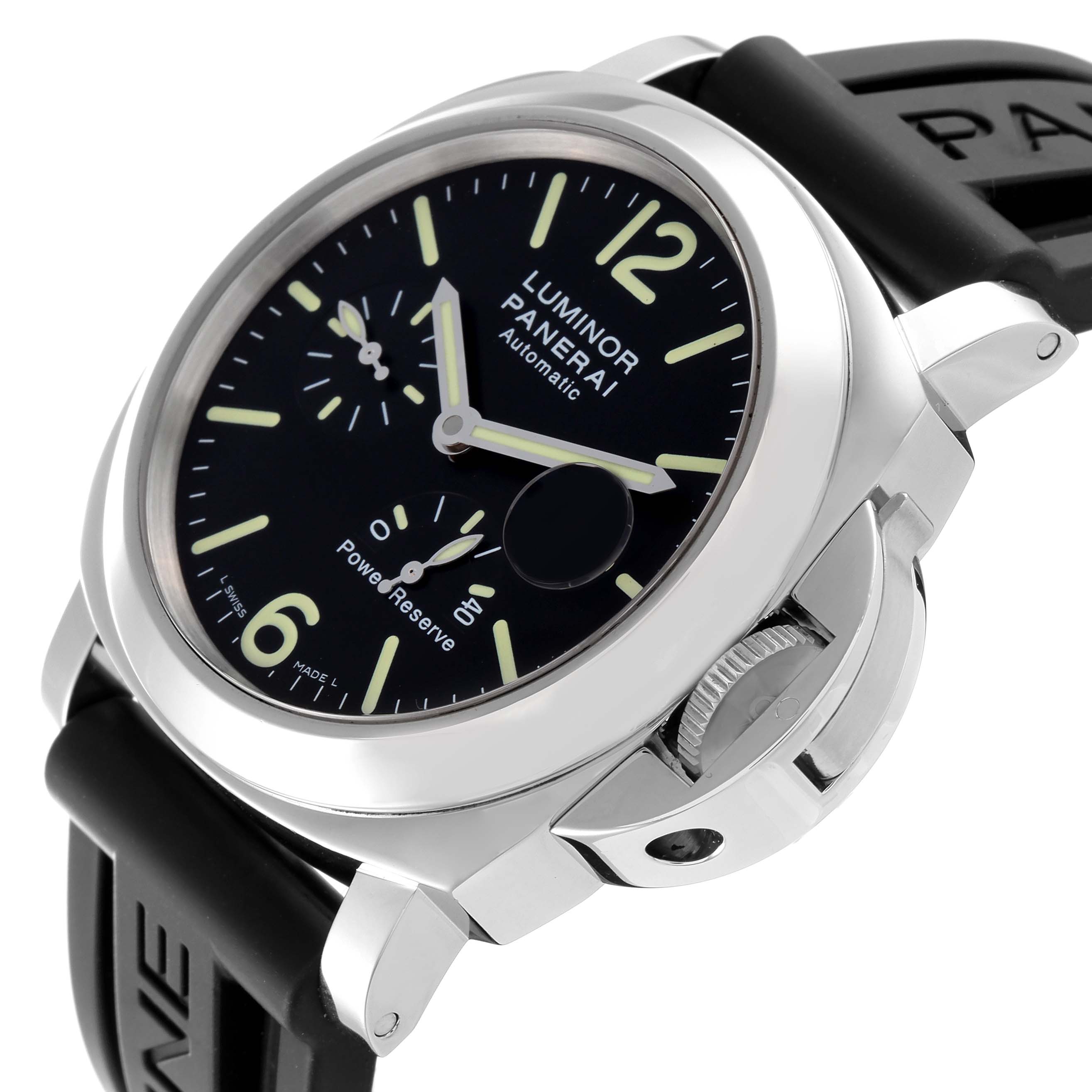 The image shows a Panerai Luminor PAM00090 Men
s Stainless Steel Black Dial PAM00090 Men
s Stainless Steel Black Dial model watch from a slightly angled side view, highlighting the face, case, and crown guard.