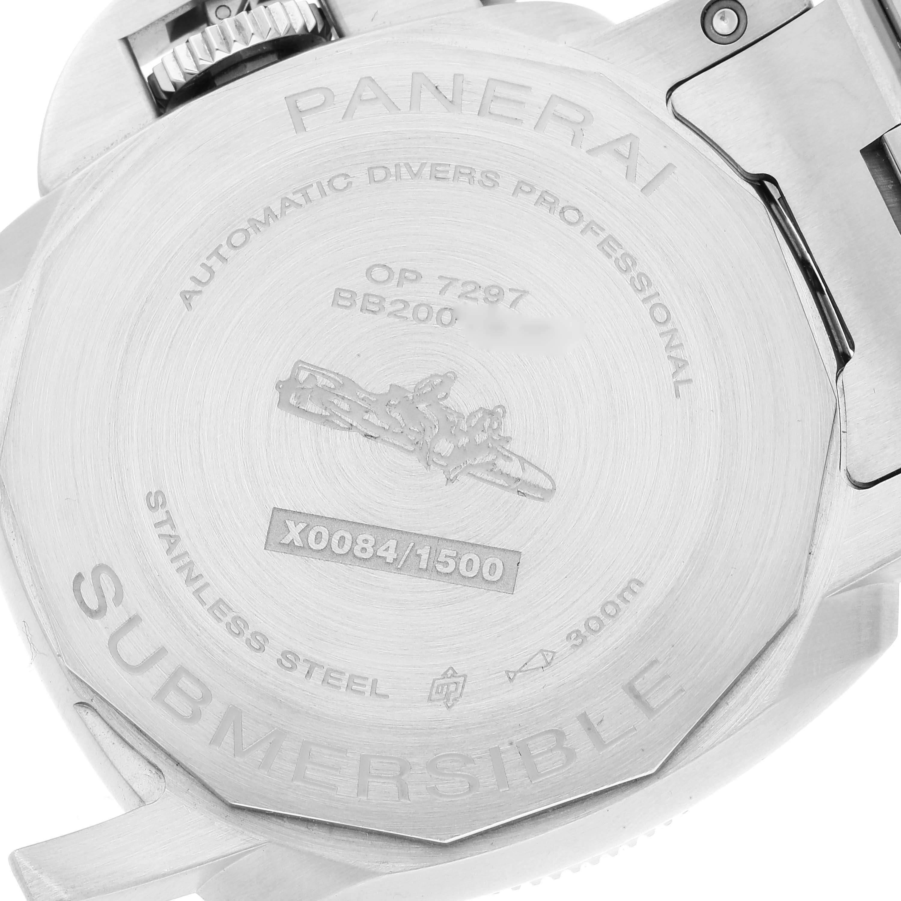 The image shows the back casing of a Panerai Submersible PAM01068 Men's Stainless Steel Blue Dial PAM01068 Men's Stainless Steel Blue Dial watch, with inscriptions detailing its specifications.