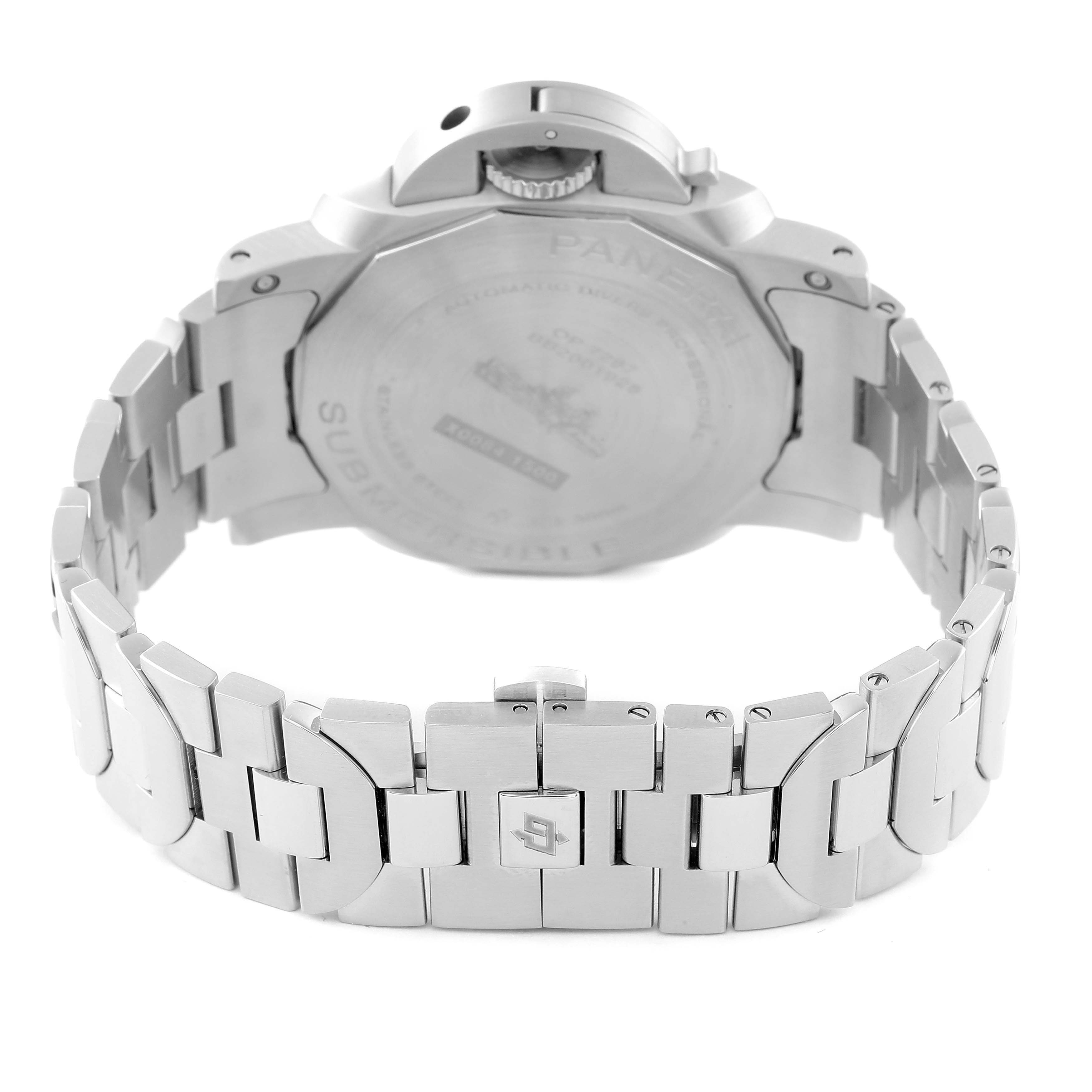 This image shows the back case and stainless steel bracelet of the Panerai Submersible PAM01068 Men's Stainless Steel Blue Dial PAM01068 Men's Stainless Steel Blue Dial watch.