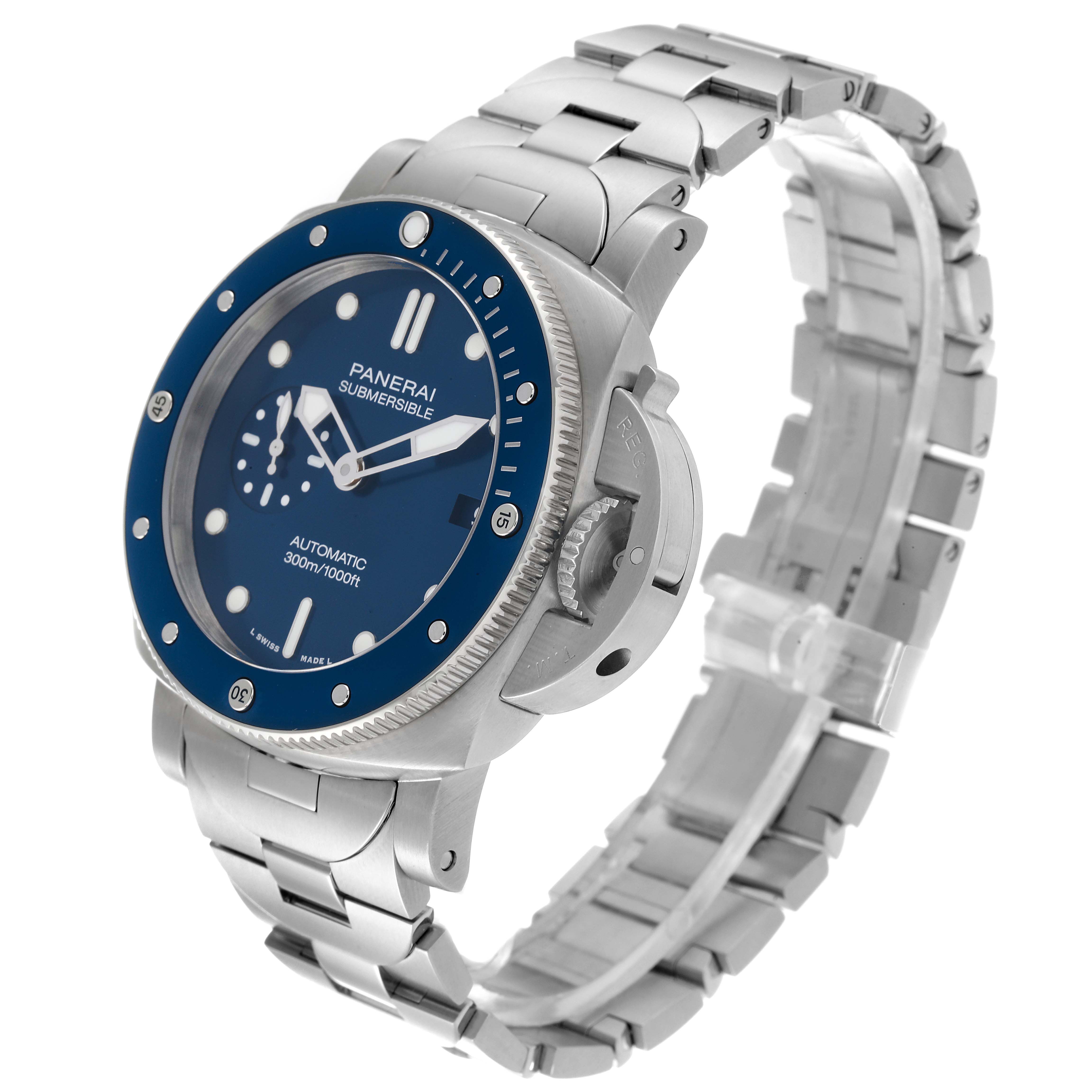 The Panerai Submersible PAM01068 Men's Stainless Steel Blue Dial PAM01068 Men's Stainless Steel Blue Dial watch is shown at an angle displaying its face, bezel, and stainless steel bracelet.