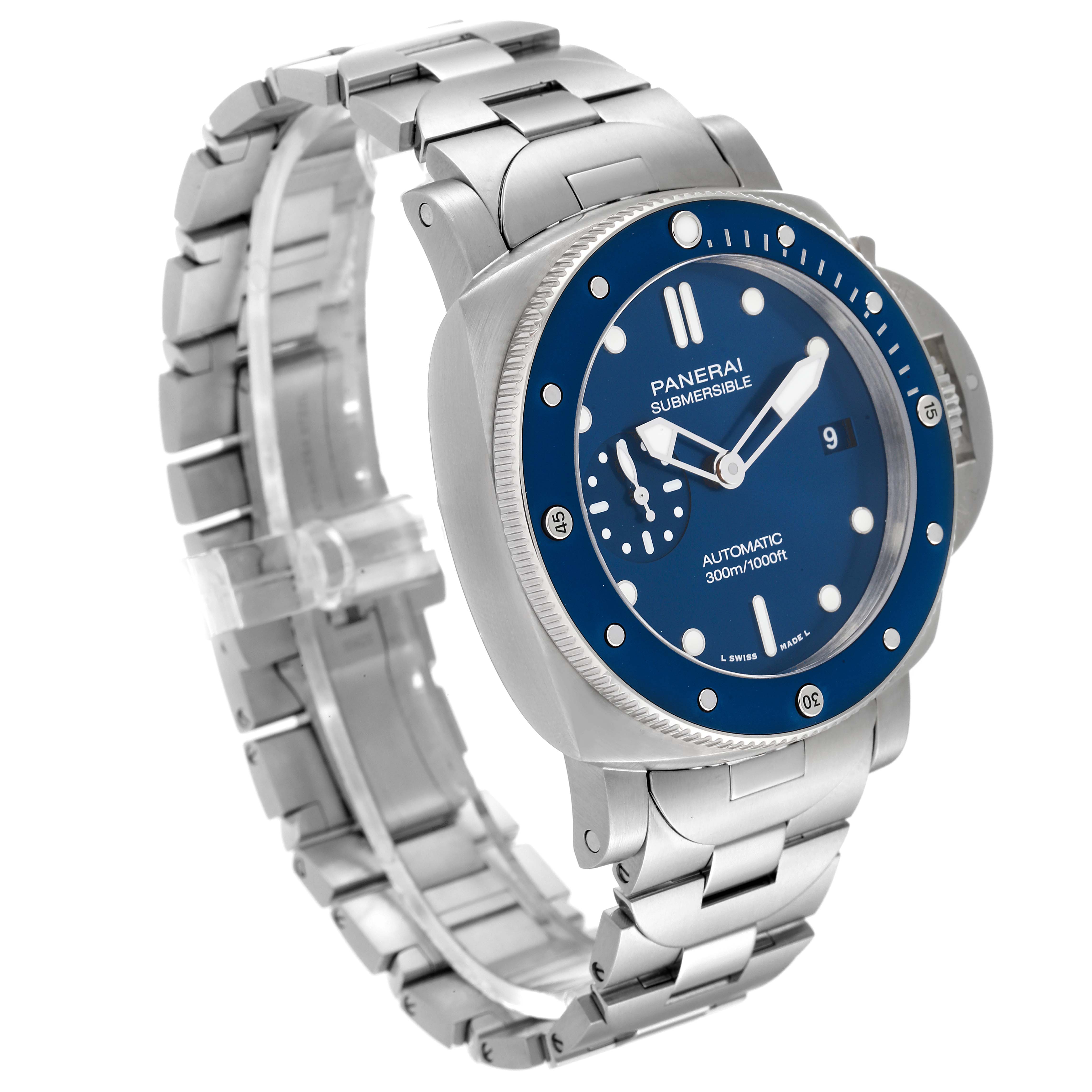 The Panerai Submersible PAM01068 Men's Stainless Steel Blue Dial PAM01068 Men's Stainless Steel Blue Dial watch is shown at an angle highlighting the blue dial, bezel, and stainless steel bracelet.