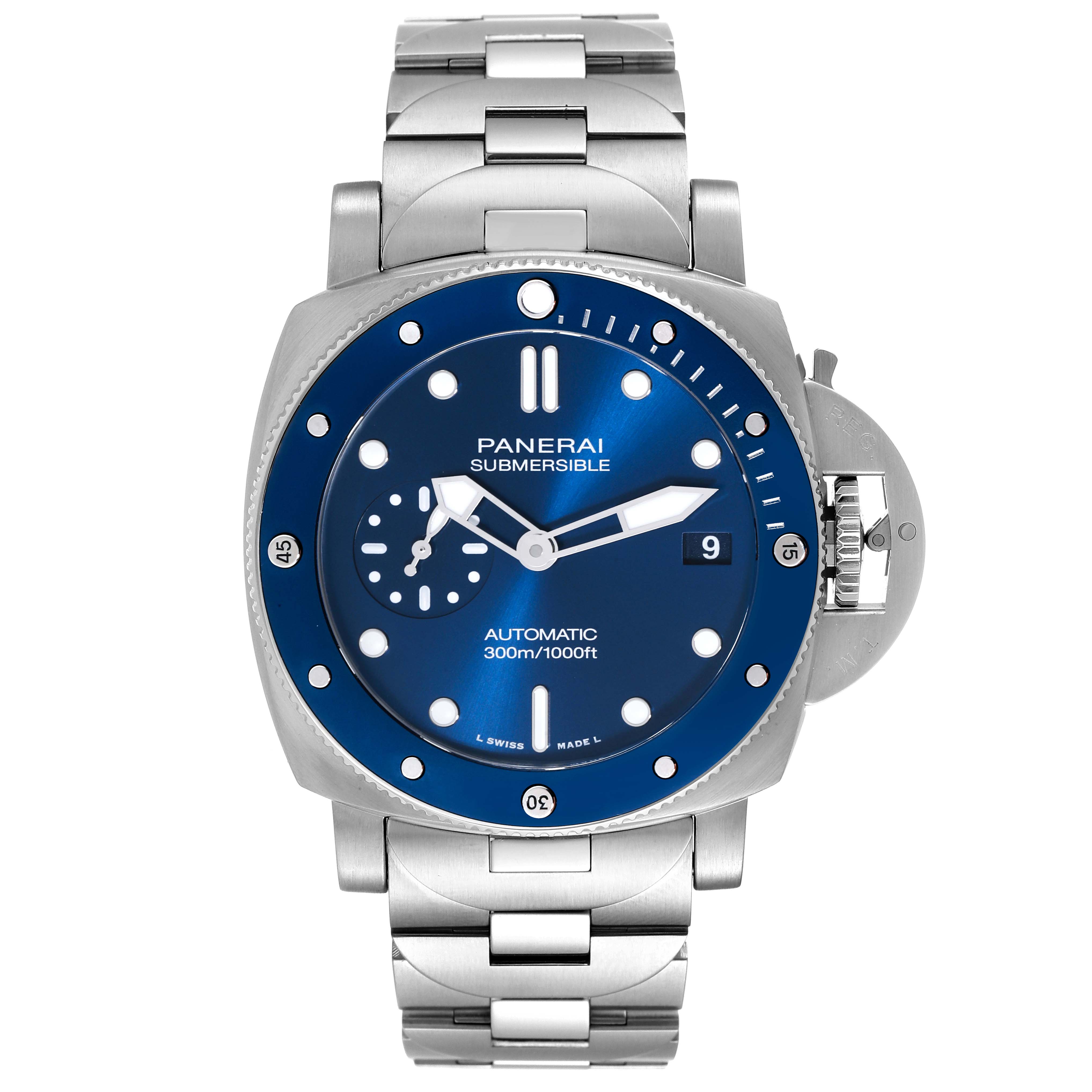 The Panerai Submersible PAM01068 Men's Stainless Steel Blue Dial PAM01068 Men's Stainless Steel Blue Dial watch is shown from a top-down angle, displaying the dial, bezel, crown guard, and stainless steel bracelet.