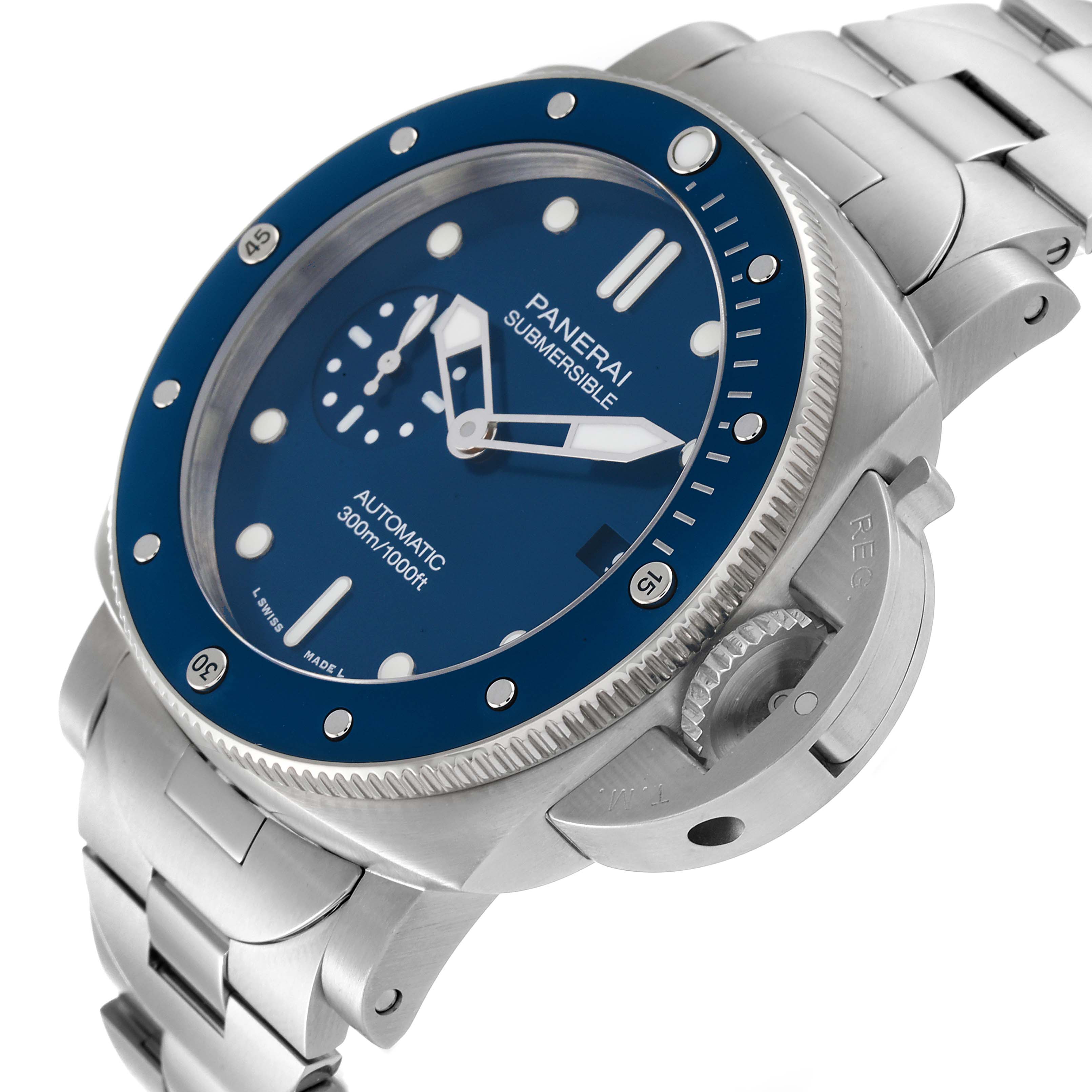 The image shows a Panerai Submersible PAM01068 Men's Stainless Steel Blue Dial PAM01068 Men's Stainless Steel Blue Dial watch at an oblique angle, highlighting its bezel, dial, crown guard, and bracelet.