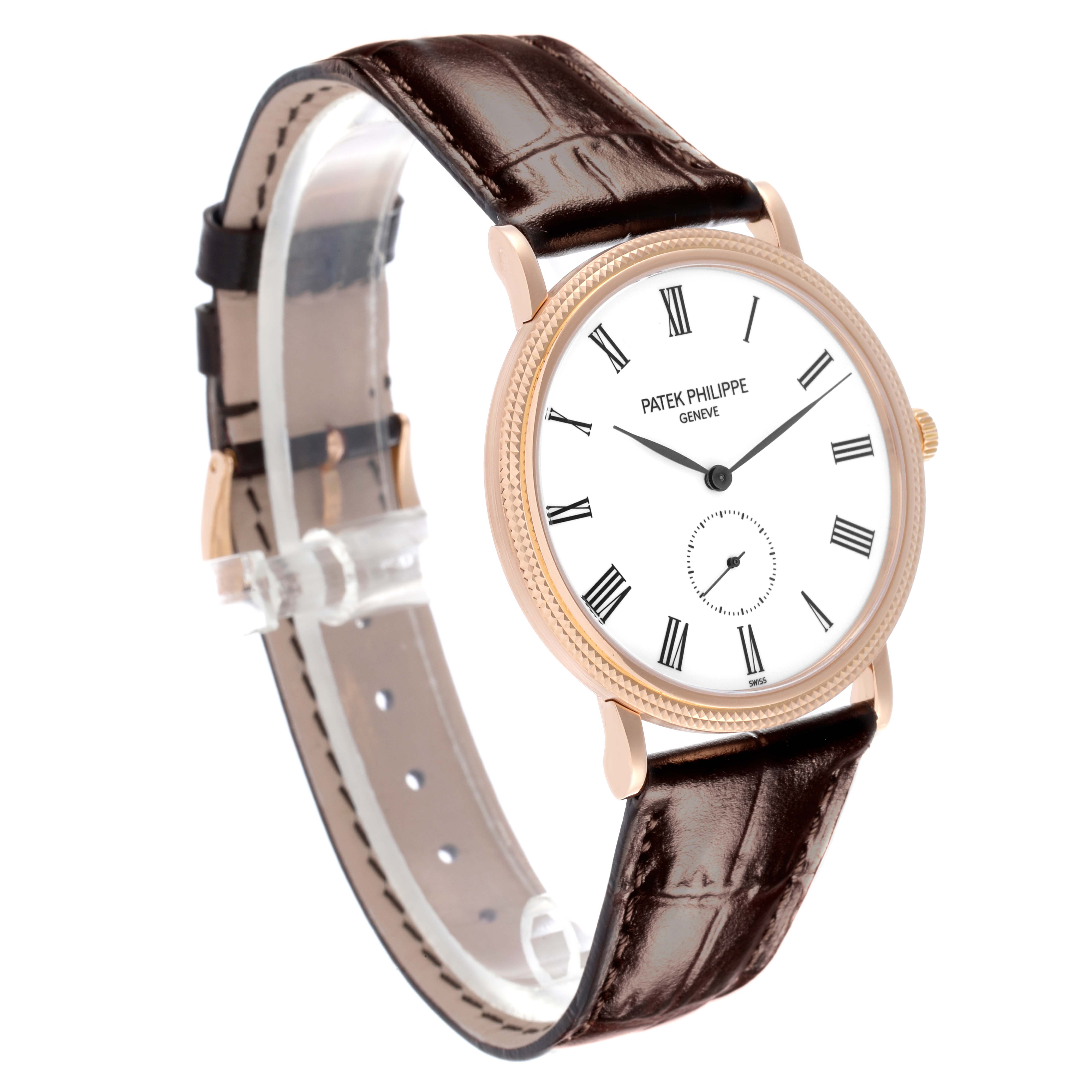 The image shows a side view of the Patek Philippe Calatrava 5119R-001 Men
s Rose Gold White Dial 5119R-001 Men
s Rose Gold White Dial, highlighting the dial, case, and leather strap.