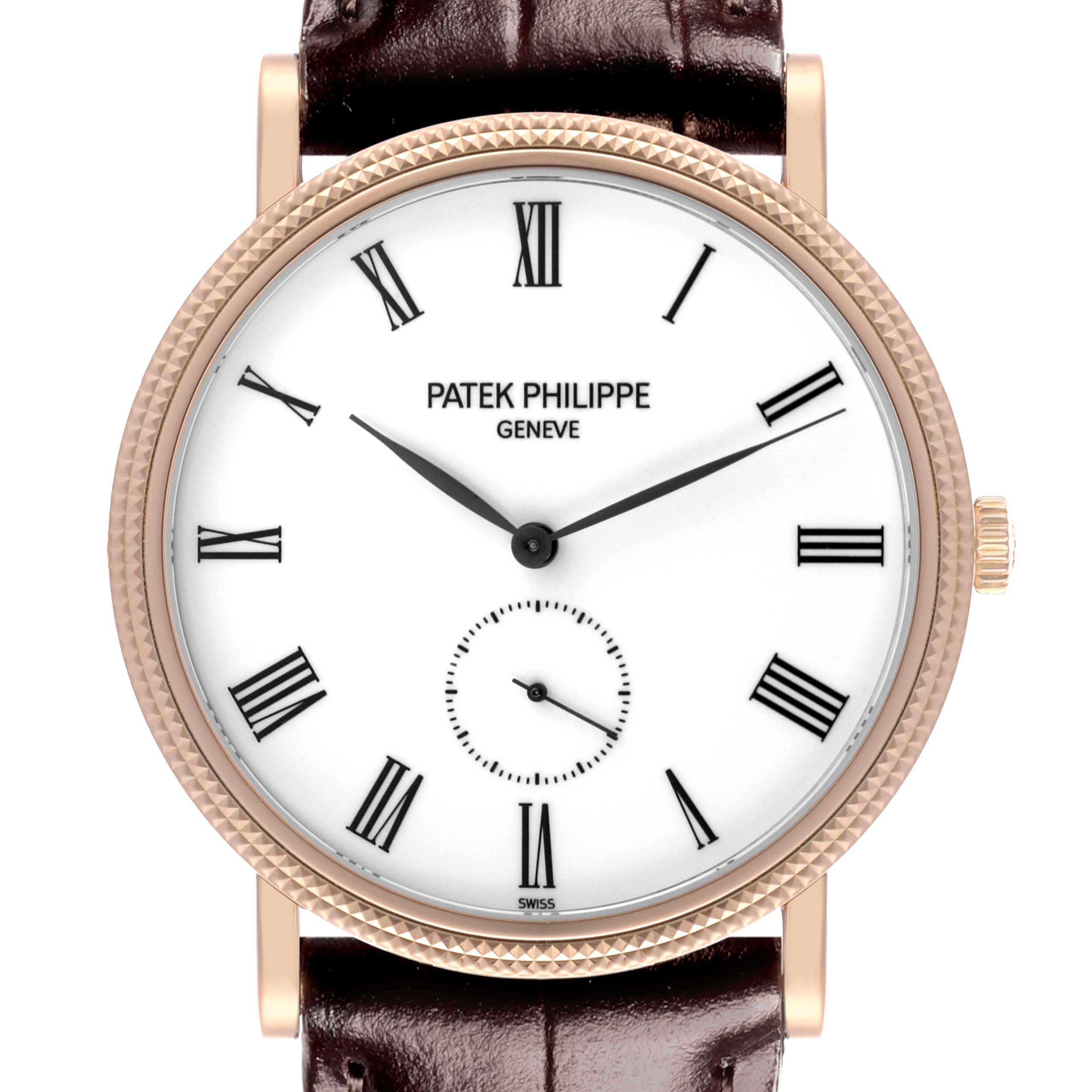 The Patek Philippe Calatrava 5119R-001 Men
s Rose Gold White Dial 5119R-001 Men
s Rose Gold White Dial watch is shown from the front, displaying its face, hands, Roman numerals, and crown.