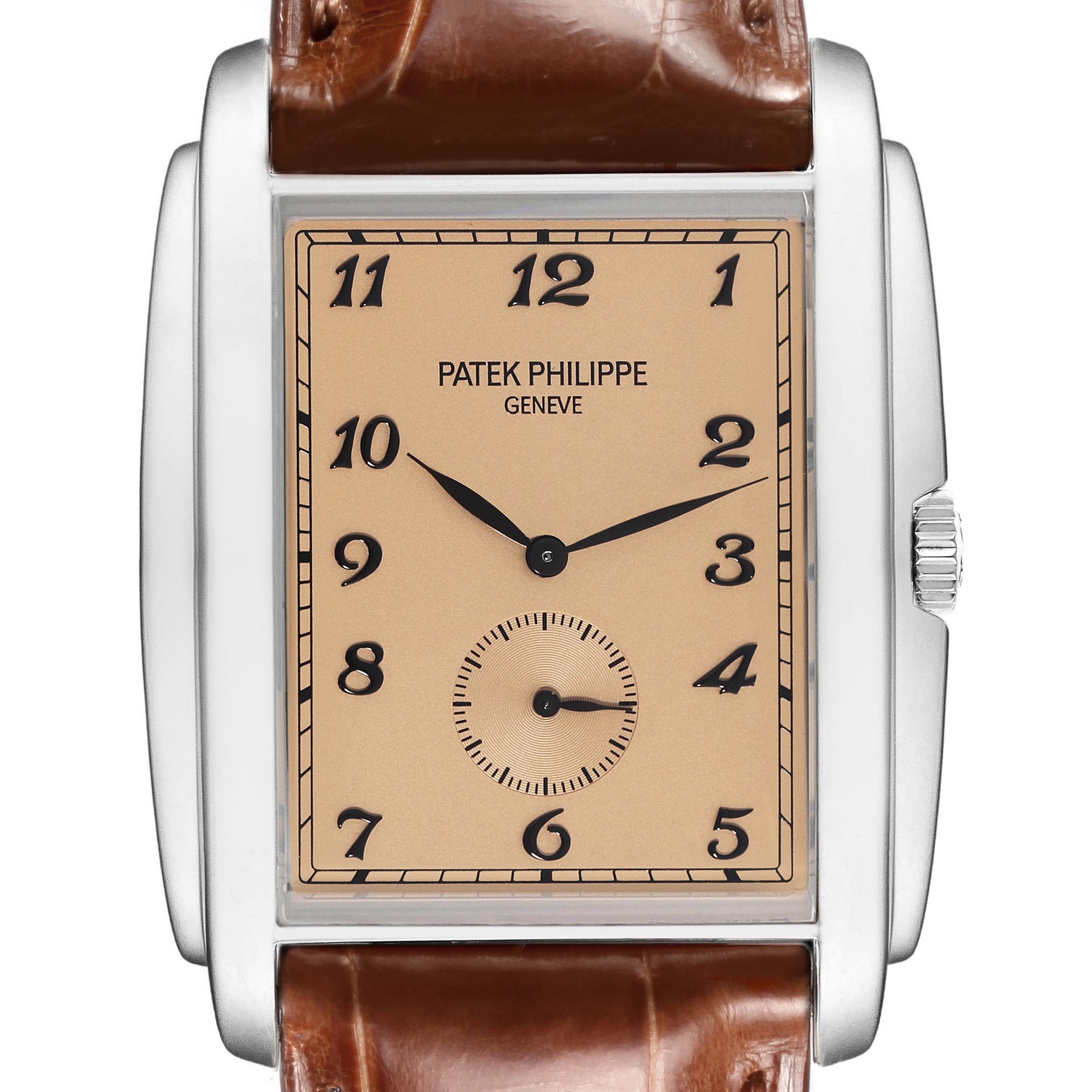 The Patek Philippe Gondolo 5124G-001 Men
s White Gold Brown Dial 5124G-001 Men
s White Gold Brown Dial watch is shown from a front view, highlighting its rectangular dial, numerals, and crown.