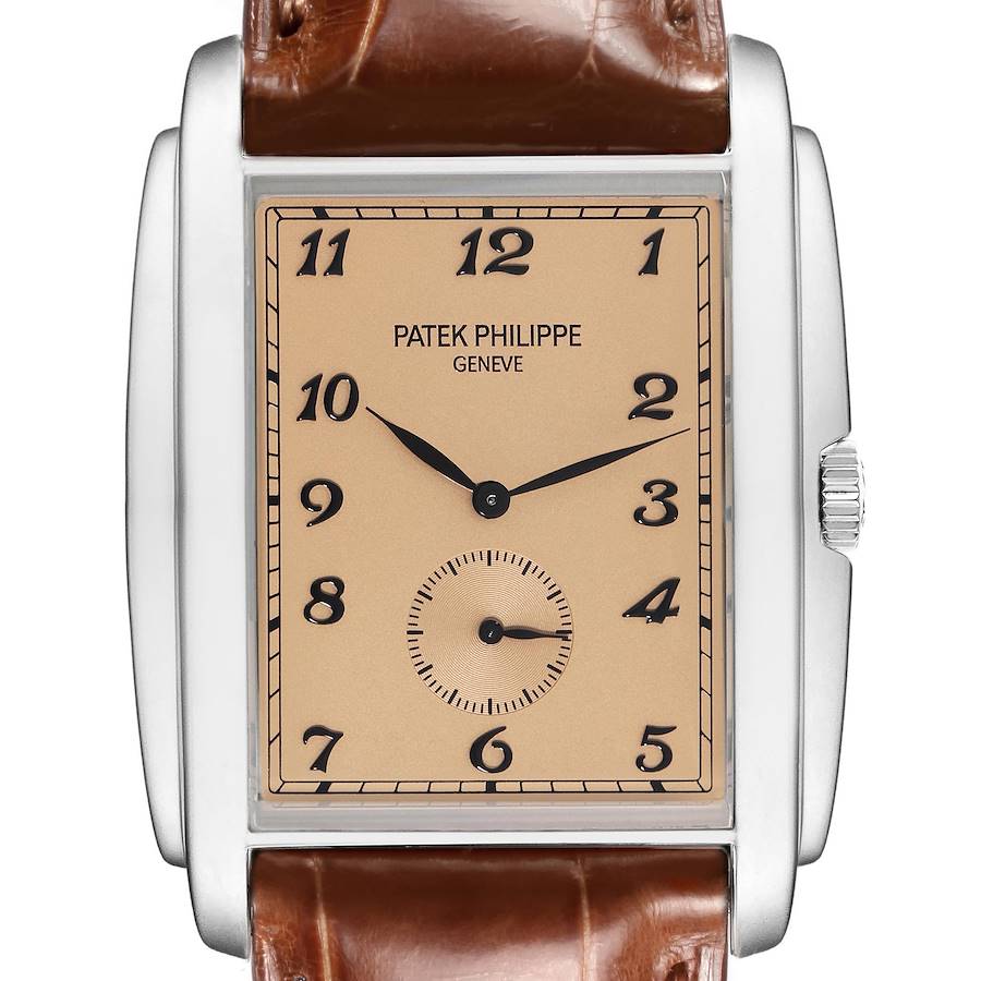 The Patek Philippe Gondolo watch is shown from a front view, highlighting its rectangular dial, numerals, and crown.