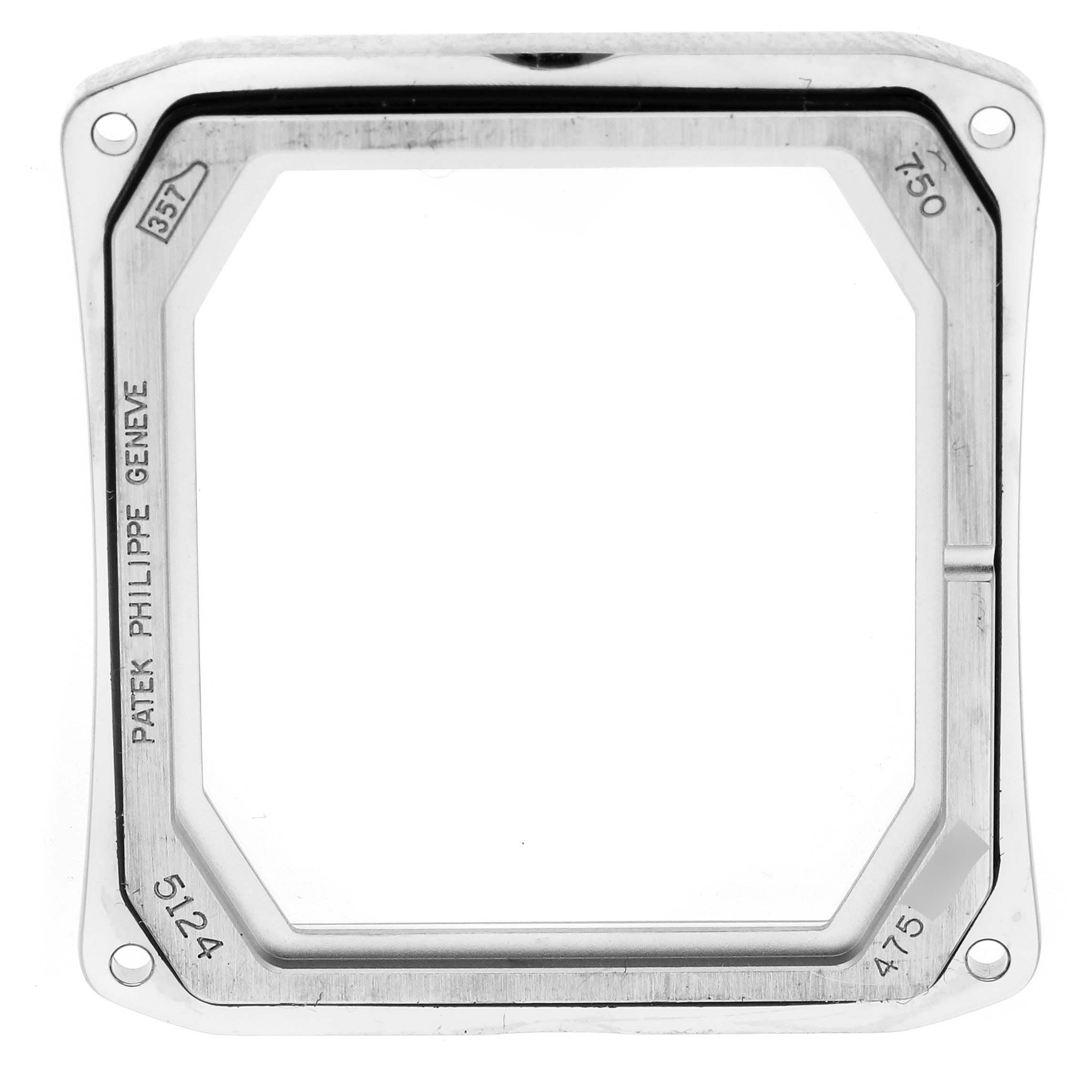 The image shows the square bezel of a Patek Philippe Gondolo 5124G-001 Men
s White Gold Brown Dial 5124G-001 Men
s White Gold Brown Dial watch, viewed from a top angle.