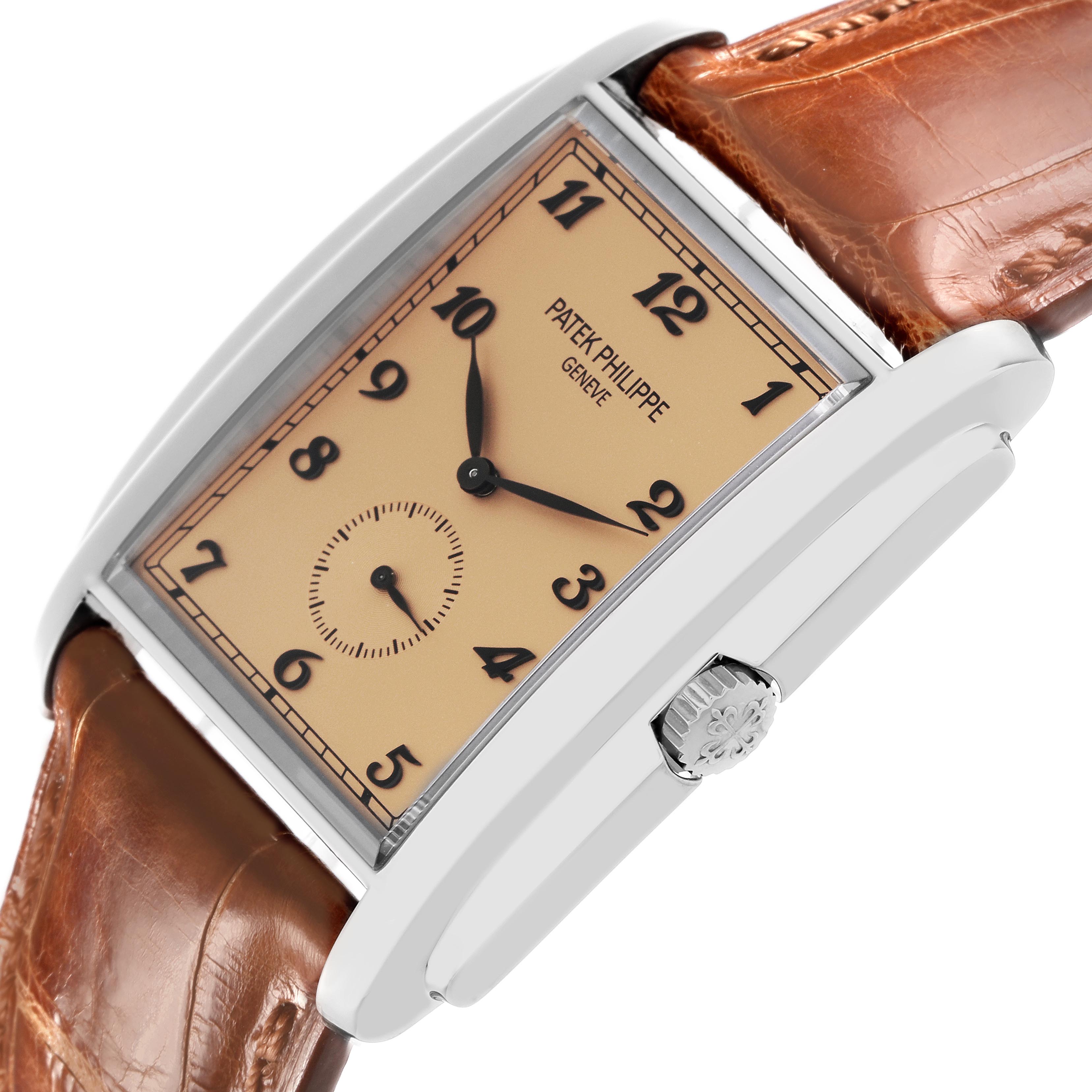 The Patek Philippe Gondolo 5124G-001 Men
s White Gold Brown Dial 5124G-001 Men
s White Gold Brown Dial watch is shown at an angled side view, highlighting its rectangular case, dial, and crown, with a brown leather strap.