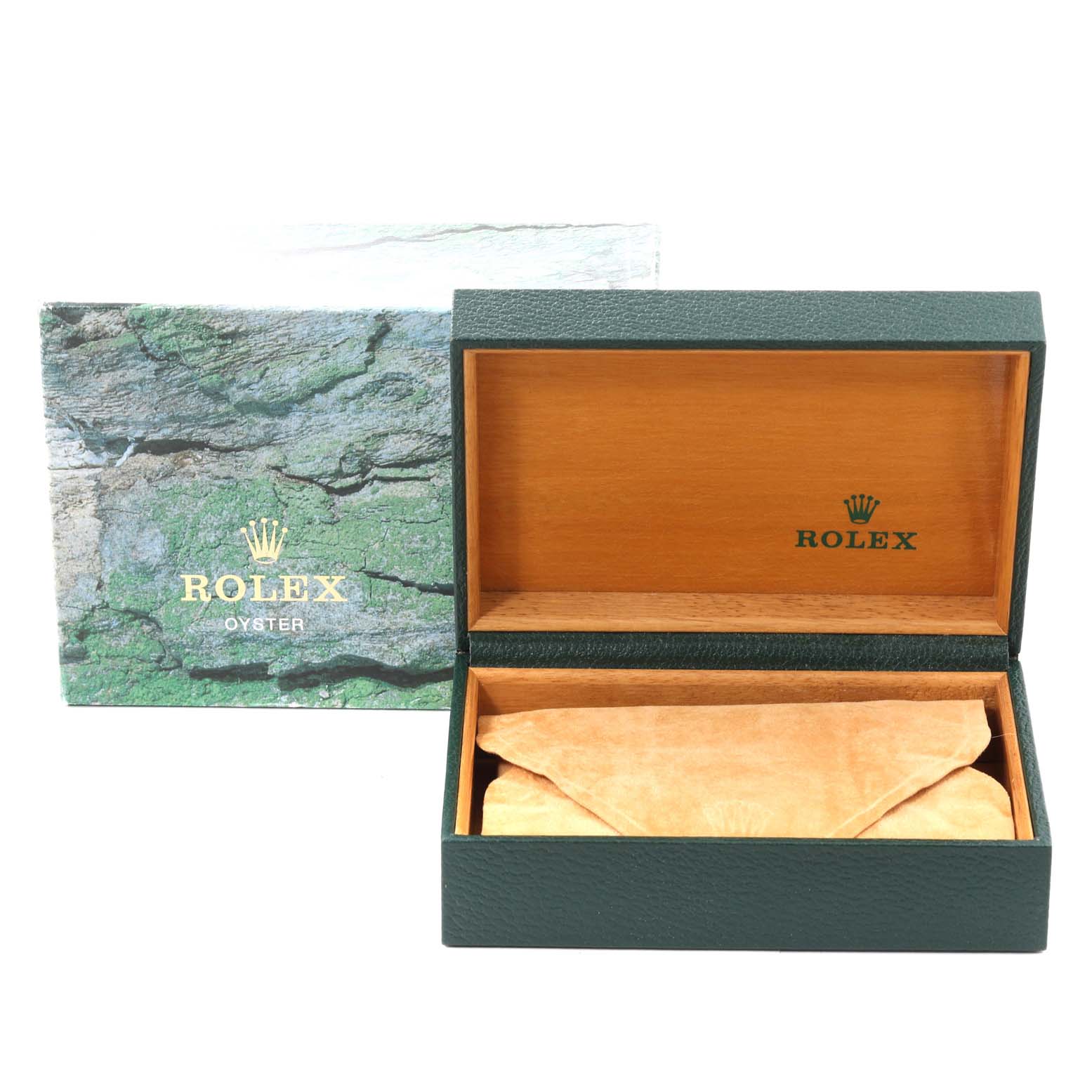 The image shows an open Rolex watch box for the Air-King model, with a green outer cover displaying the brand's logo.