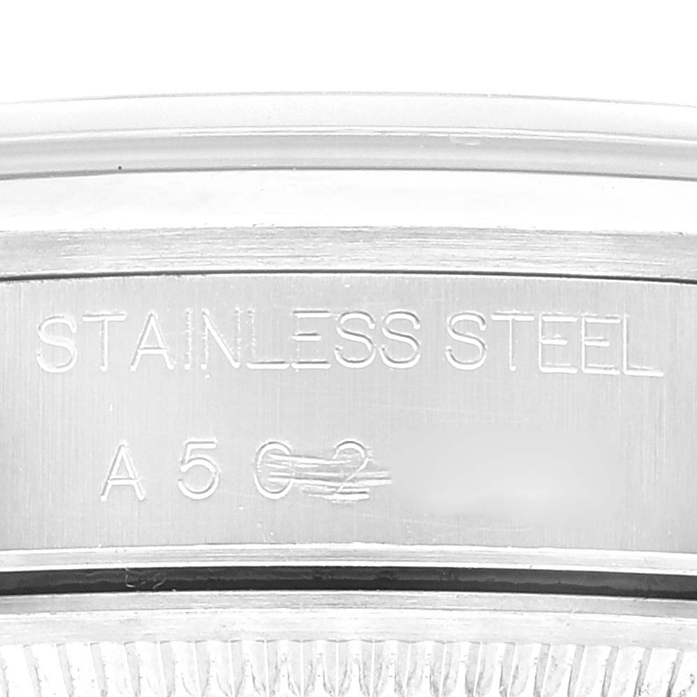 This image shows a close-up of the stainless steel back casing of a Rolex Air-King 14000 Men's Stainless Steel Black Dial 14000 Men's Stainless Steel Black Dial watch with the engraving visible.