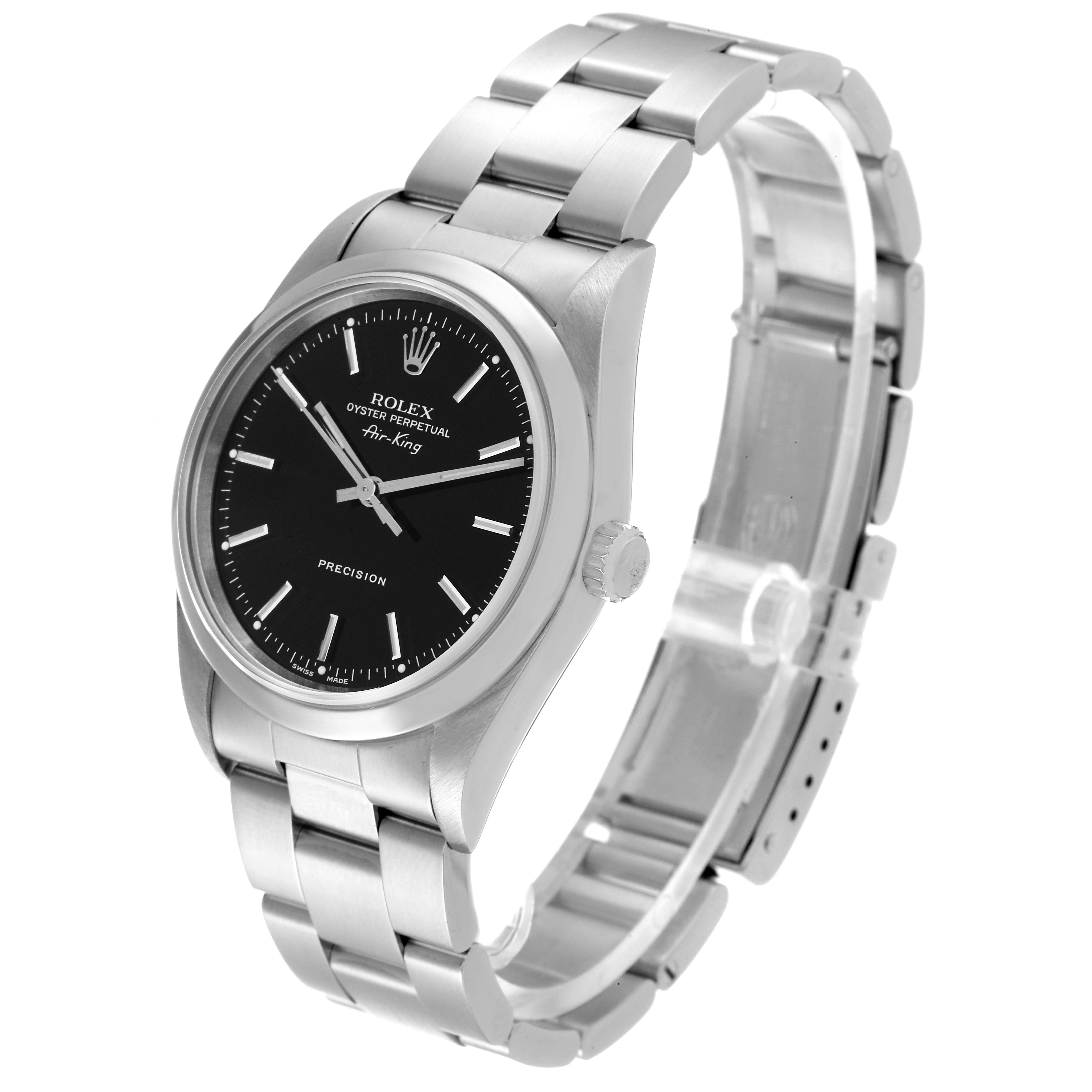 The Rolex Air-King 14000 Men's Stainless Steel Black Dial 14000 Men's Stainless Steel Black Dial watch is shown at a three-quarter angle, displaying the face, crown, and part of the bracelet.