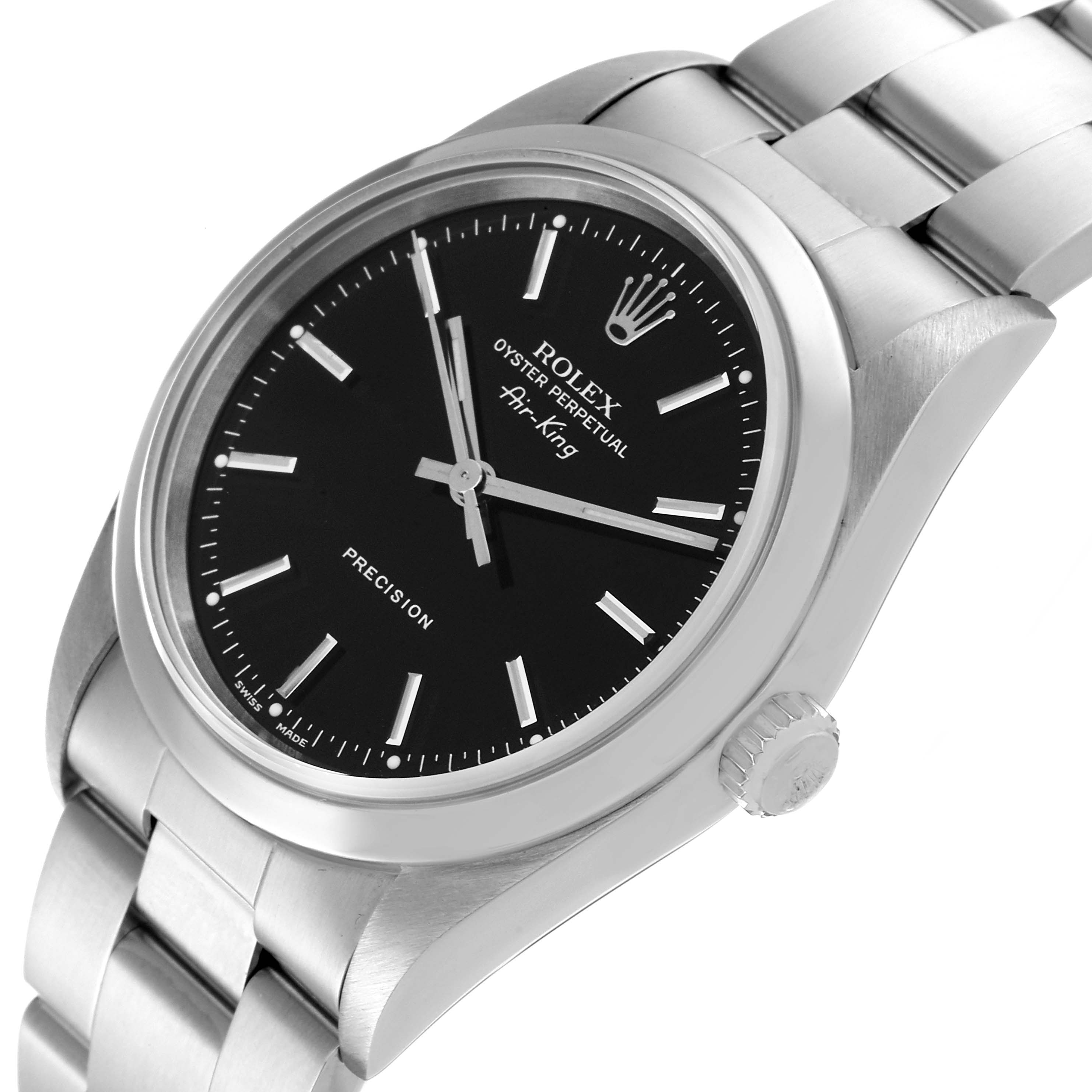 The image shows a Rolex Air-King 14000 Men's Stainless Steel Black Dial 14000 Men's Stainless Steel Black Dial watch at a three-quarter angle, focusing on the dial, bezel, and bracelet.