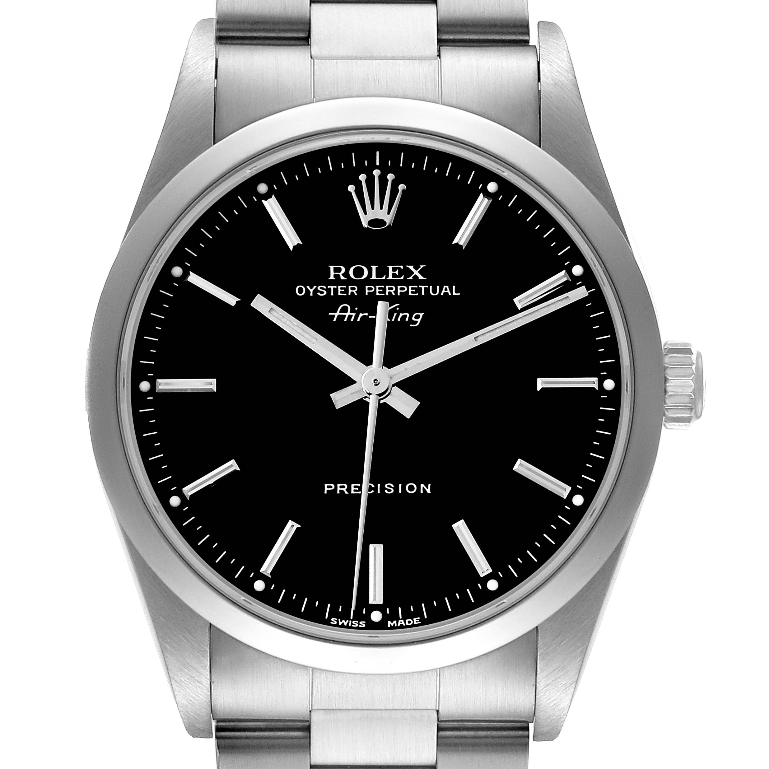 The Rolex Air-King 14000 Men's Stainless Steel Black Dial 14000 Men's Stainless Steel Black Dial watch is shown from a front angle, displaying its black dial, silver hands, and stainless steel bracelet.