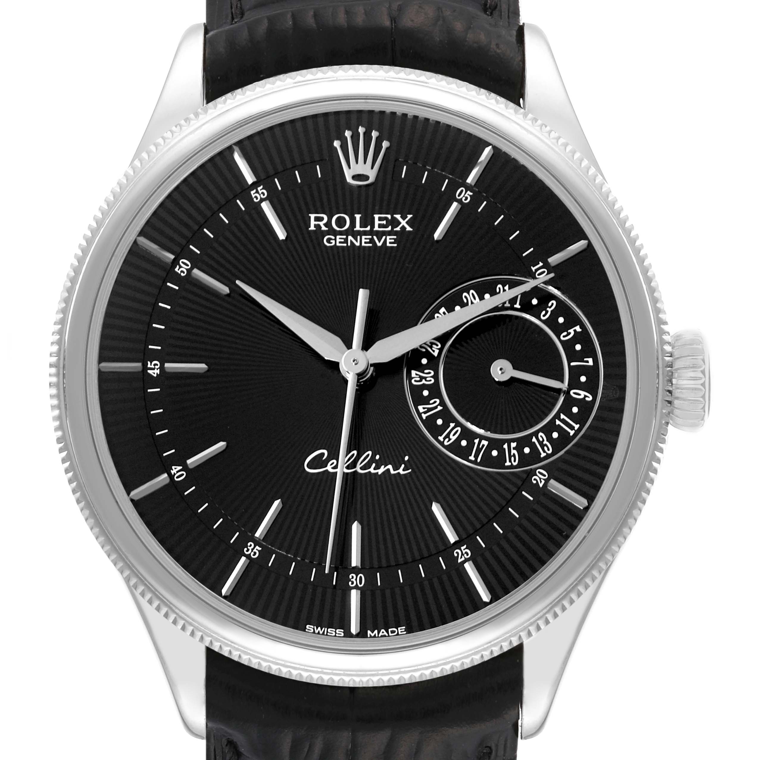 The image shows a front view of a Rolex Cellini 50519 Men's White Gold Black Dial 50519 Men's White Gold Black Dial watch, displaying its dial, hands, crown, and leather strap.