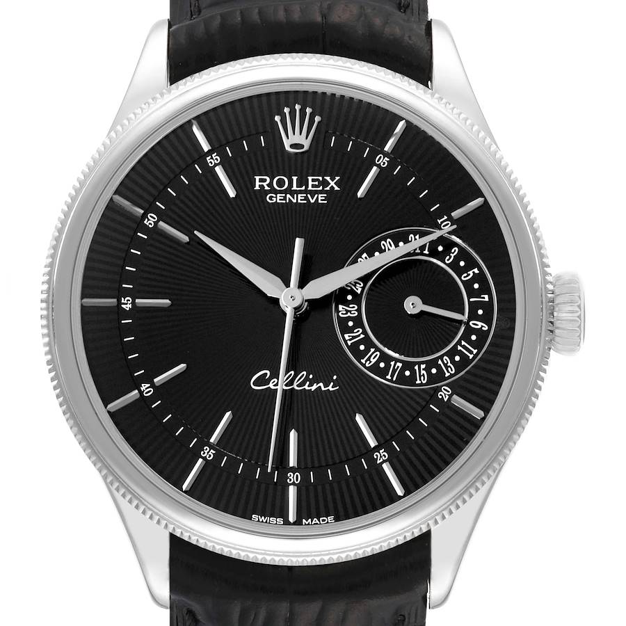 The image shows a front view of a Rolex Cellini watch, displaying its dial, hands, crown, and leather strap.