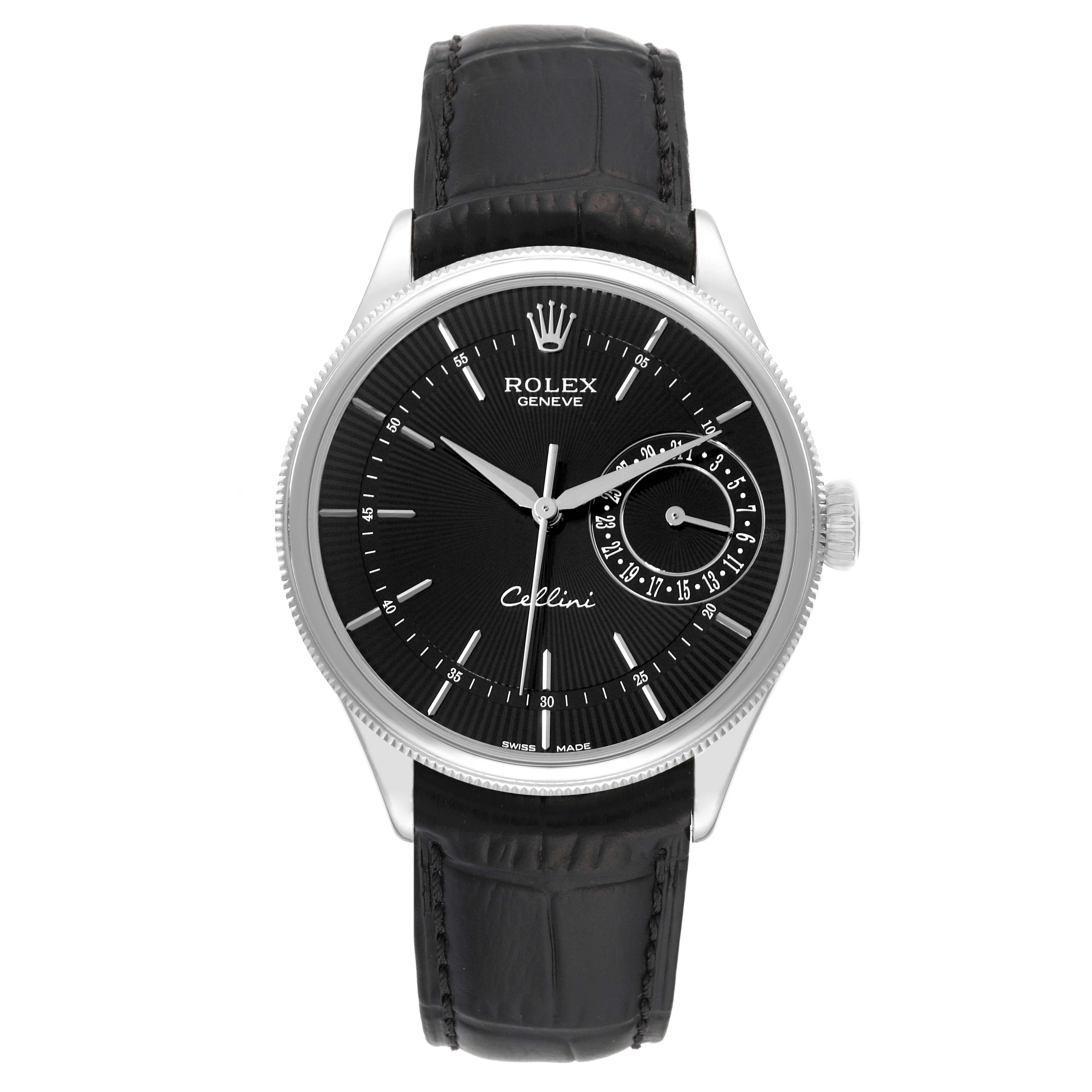 The Rolex Cellini 50519 Men's White Gold Black Dial 50519 Men's White Gold Black Dial watch is shown from the front, highlighting its black dial, silver hands, and leather strap.