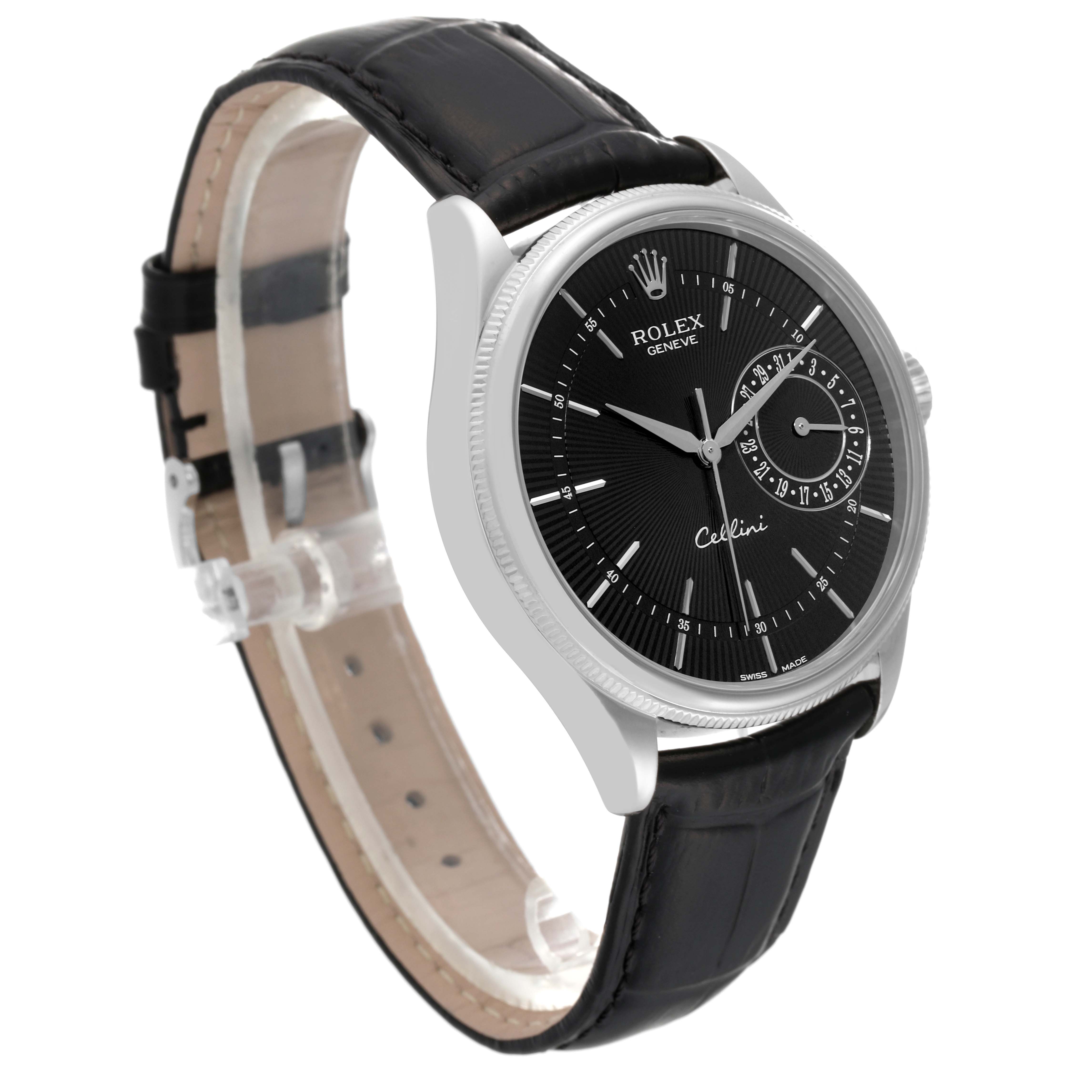 This image shows a Rolex Cellini 50519 Men's White Gold Black Dial 50519 Men's White Gold Black Dial watch at a slight angle exposing its black dial, leather strap, and silver casing.