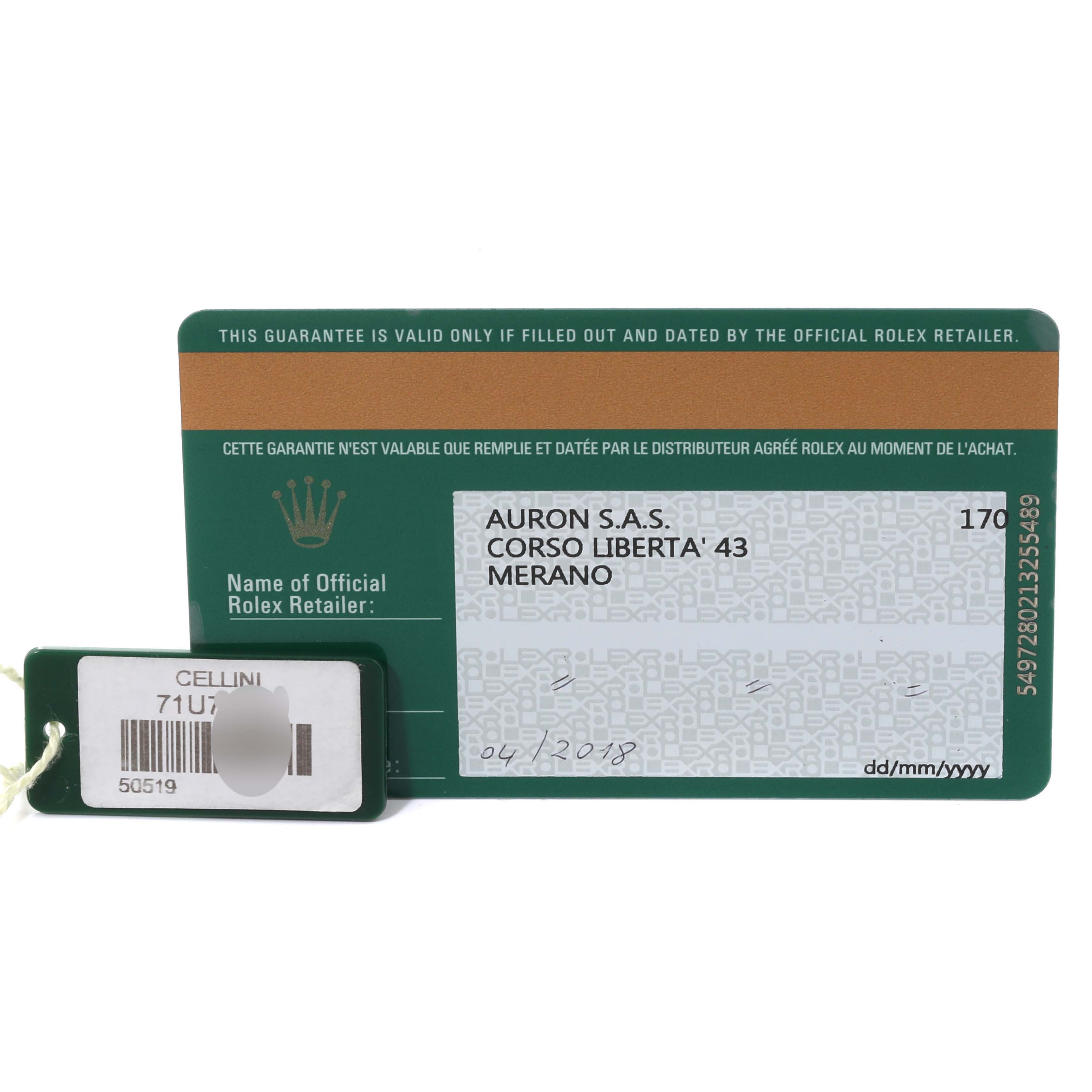 The image shows the warranty card and tag of a Rolex Cellini 50519 Men's White Gold Black Dial 50519 Men's White Gold Black Dial watch, including retailer information and a barcode tag.