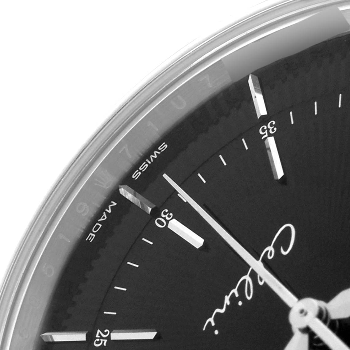 The image shows a close-up angle of the dial on the Rolex Cellini 50519 Men's White Gold Black Dial 50519 Men's White Gold Black Dial watch displaying hour markers and the "Cellini" text.