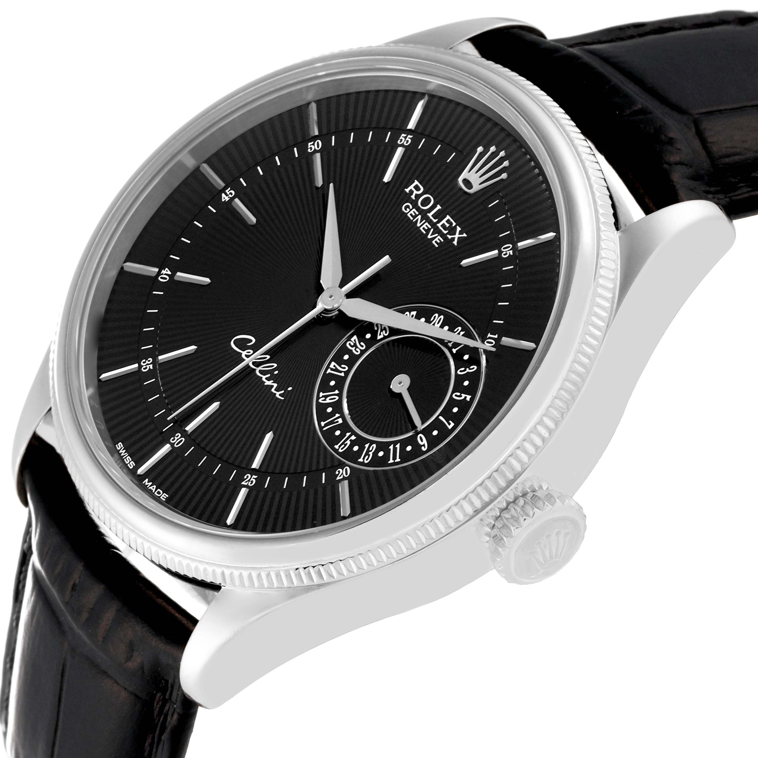 The image shows a side angle of a Rolex Cellini 50519 Men's White Gold Black Dial 50519 Men's White Gold Black Dial watch, highlighting the face, crown, and part of the black leather strap.