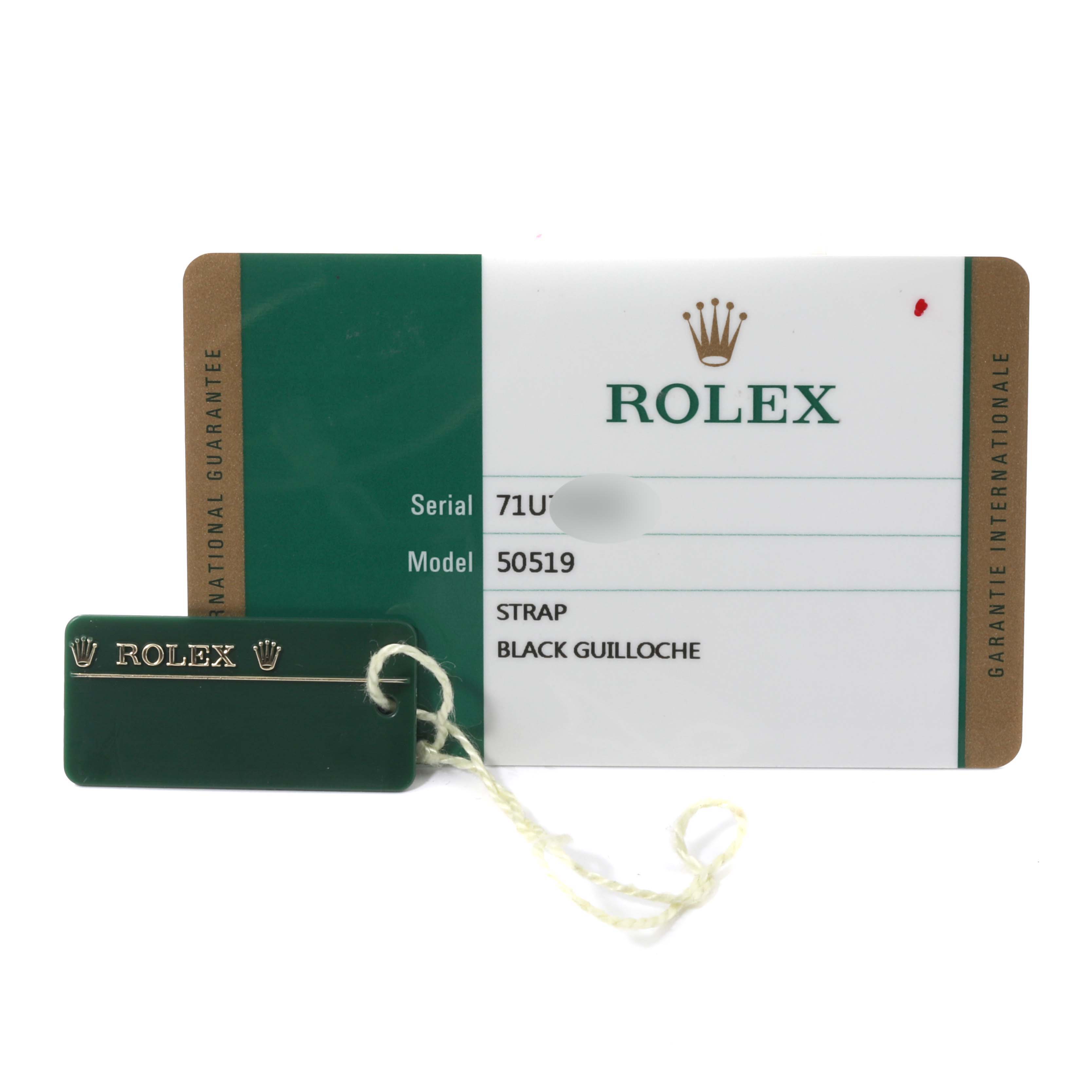 This image shows a Rolex Cellini 50519 Men's White Gold Black Dial 50519 Men's White Gold Black Dial model authentication card and a green Rolex tag labeled with "50519" and "BLACK GUILLOCHE" details.