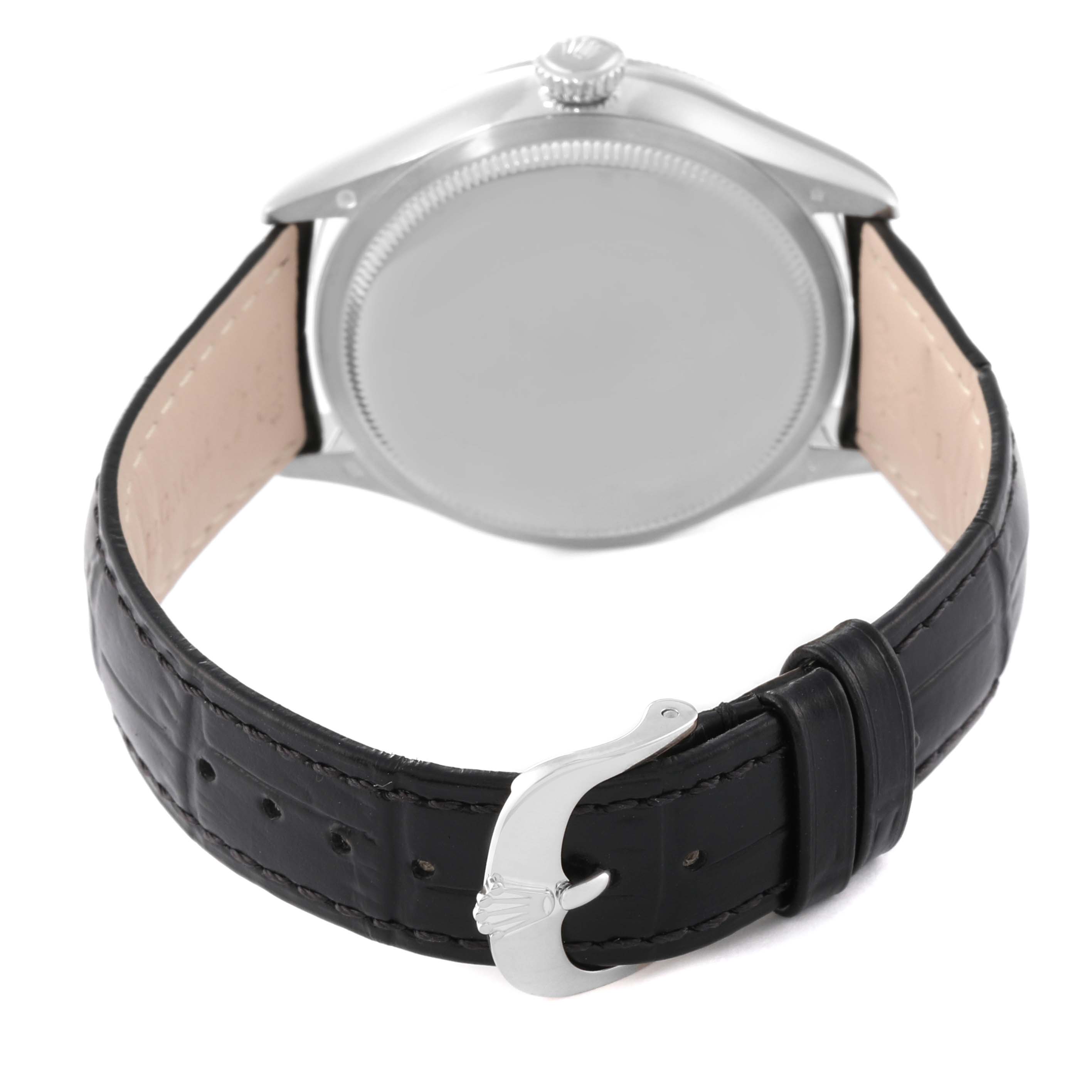 The image shows the back view of a Rolex Cellini 50519 Men's White Gold Black Dial 50519 Men's White Gold Black Dial watch with its leather strap and buckle visible.