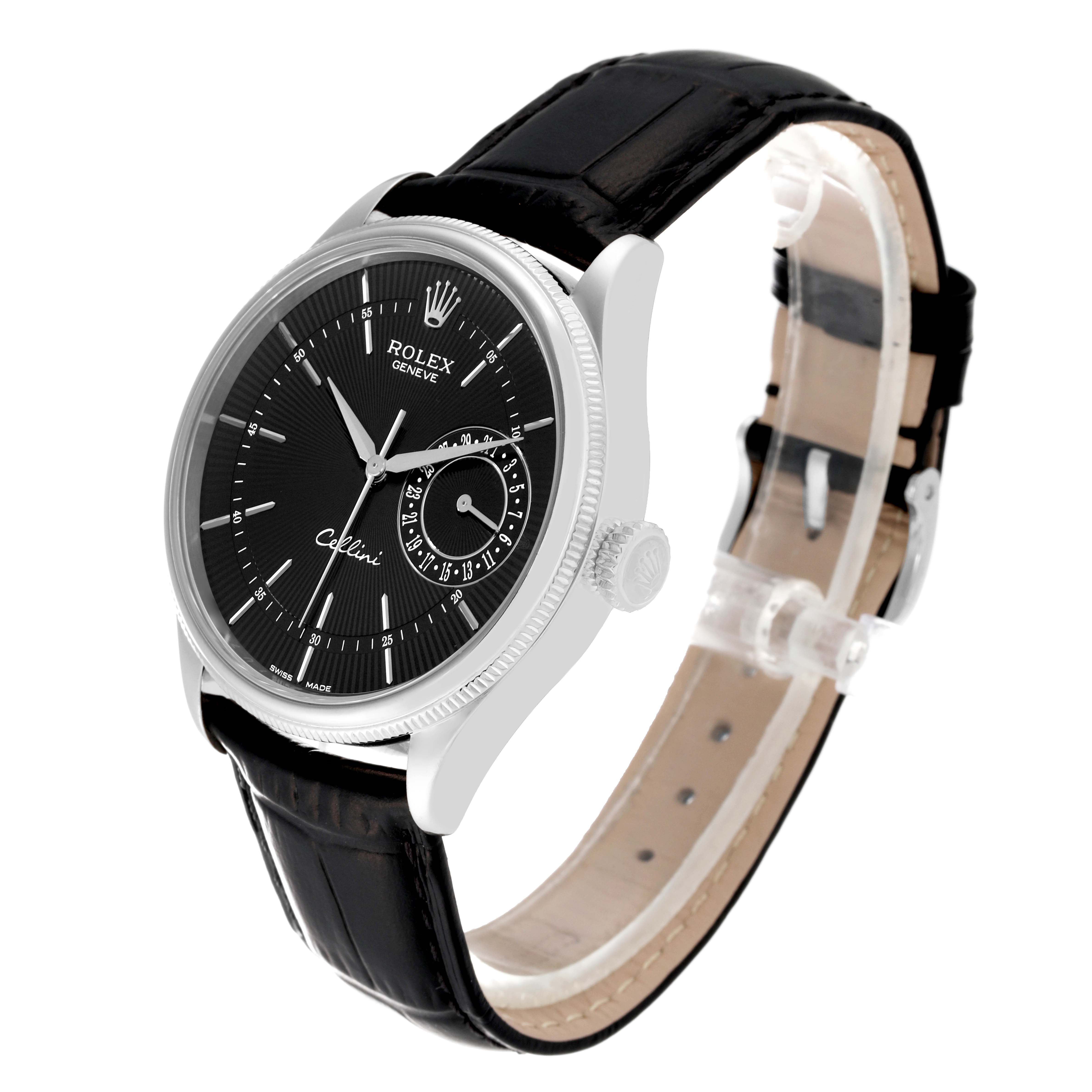 The image shows a Rolex Cellini 50519 Men's White Gold Black Dial 50519 Men's White Gold Black Dial watch at a three-quarter angle, displaying the dial, crown, and leather strap.