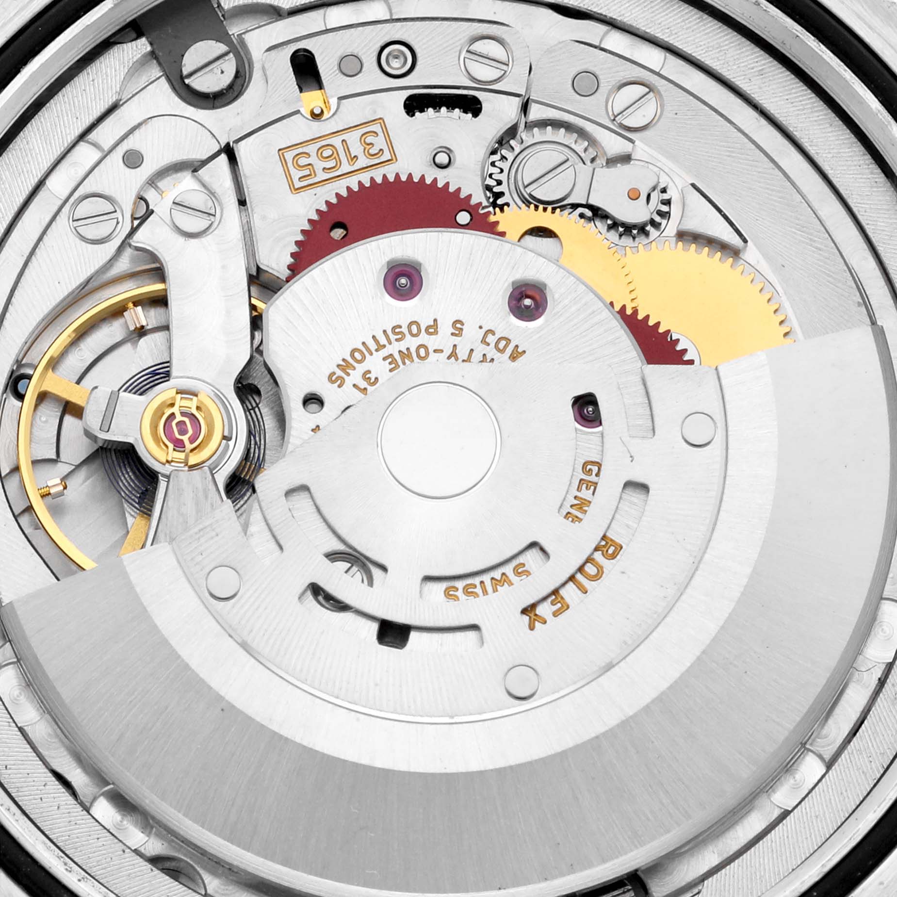 This image shows a close-up view of the intricate internal mechanism of a Rolex Cellini 50519 Men's White Gold Black Dial 50519 Men's White Gold Black Dial watch.