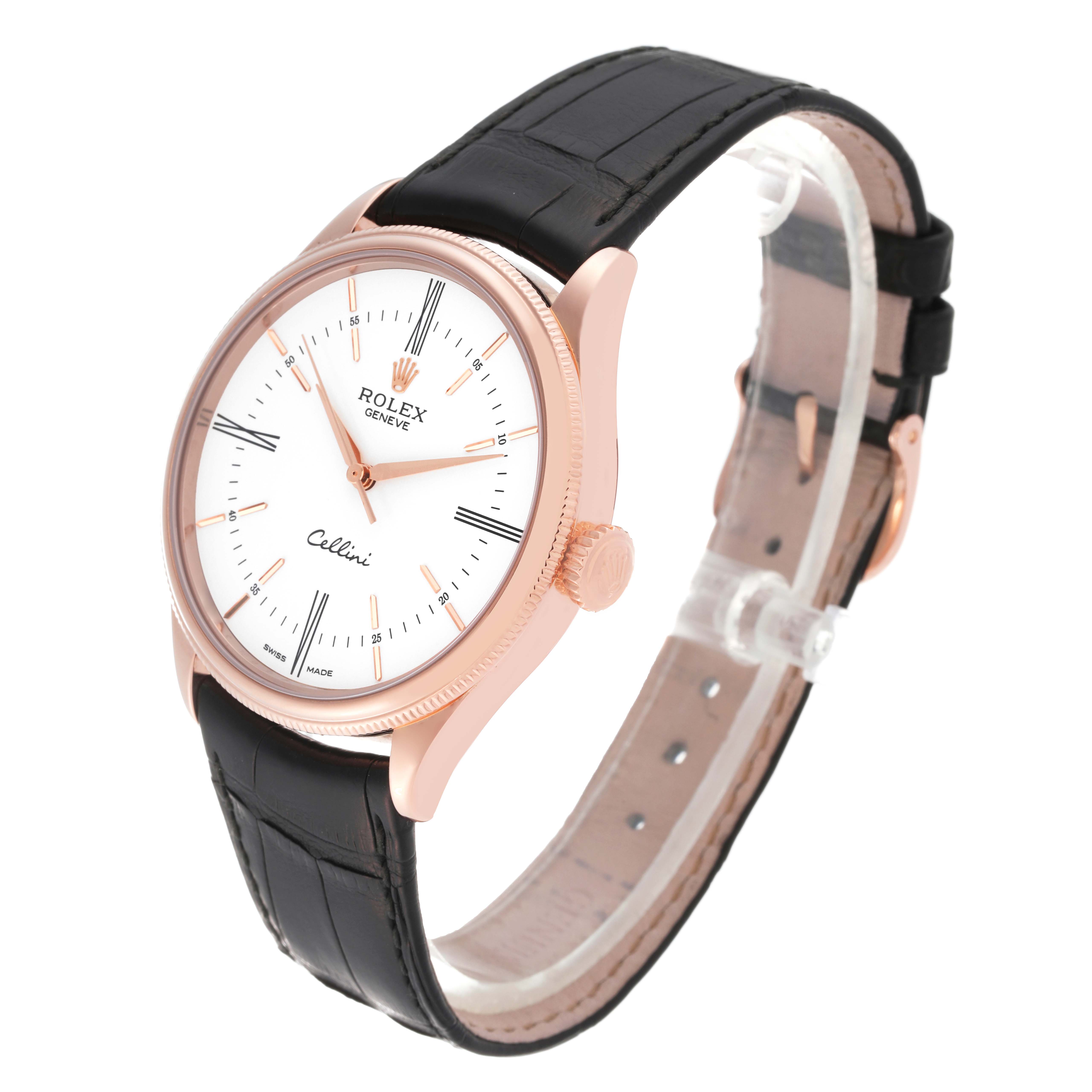 The Rolex Cellini 50505 Men's Rose Gold White Dial 50505 Men's Rose Gold White Dial watch is shown at a three-quarter angle, displaying the face, crown, and black leather strap.