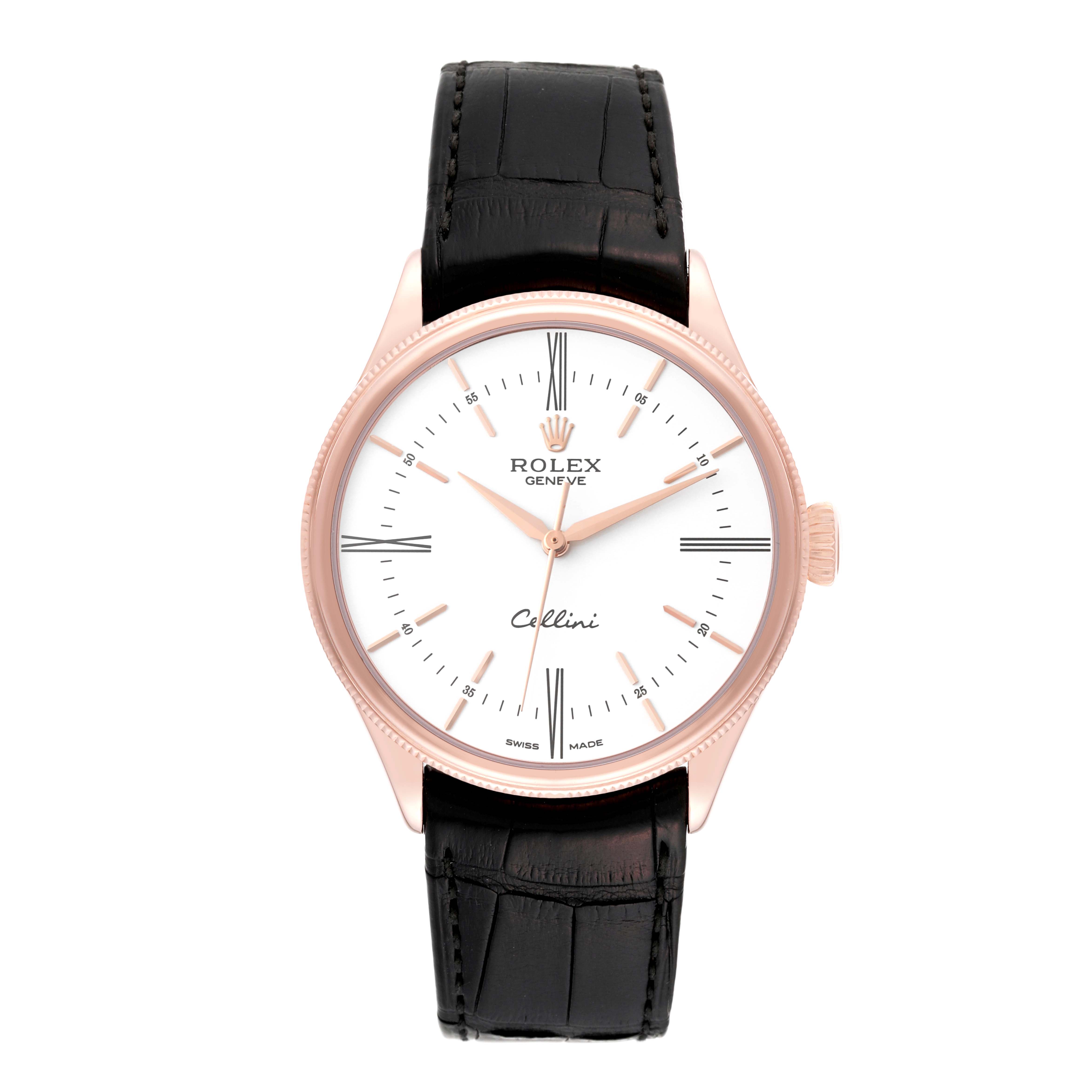 The image shows a front view of the Rolex Cellini 50505 Men's Rose Gold White Dial 50505 Men's Rose Gold White Dial watch, displaying its face, hands, and black leather strap.