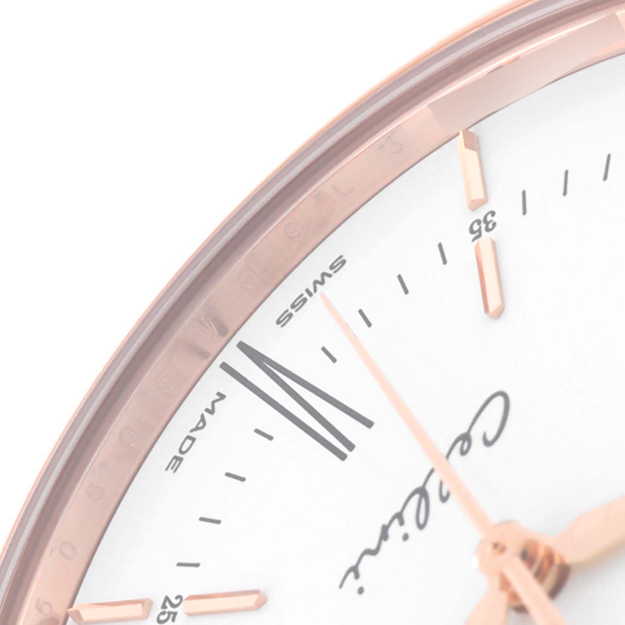 This image shows a close-up of the dial, hands, and part of the case of a Rolex Cellini 50505 Men's Rose Gold White Dial 50505 Men's Rose Gold White Dial watch.