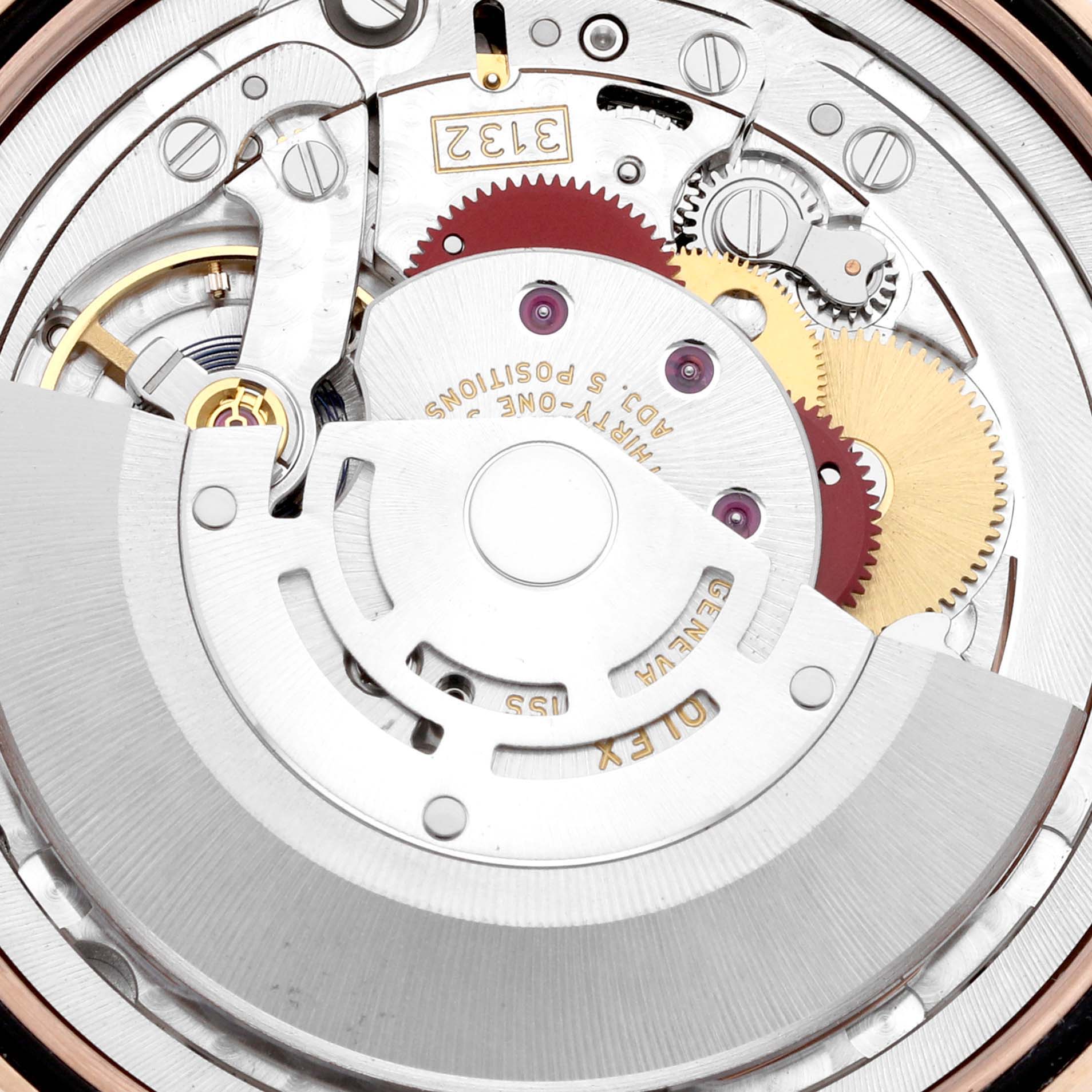 The image shows the internal movement of a Rolex Cellini 50505 Men's Rose Gold White Dial 50505 Men's Rose Gold White Dial model watch from a top-down angle.